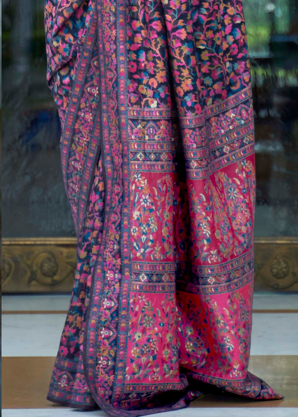 French Navy Blue Banarasi Jamawar Woven Silk Saree : Top Pick - qivii
