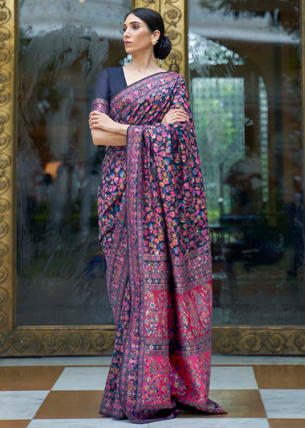 French Navy Blue Banarasi Jamawar Woven Silk Saree : Top Pick - qivii