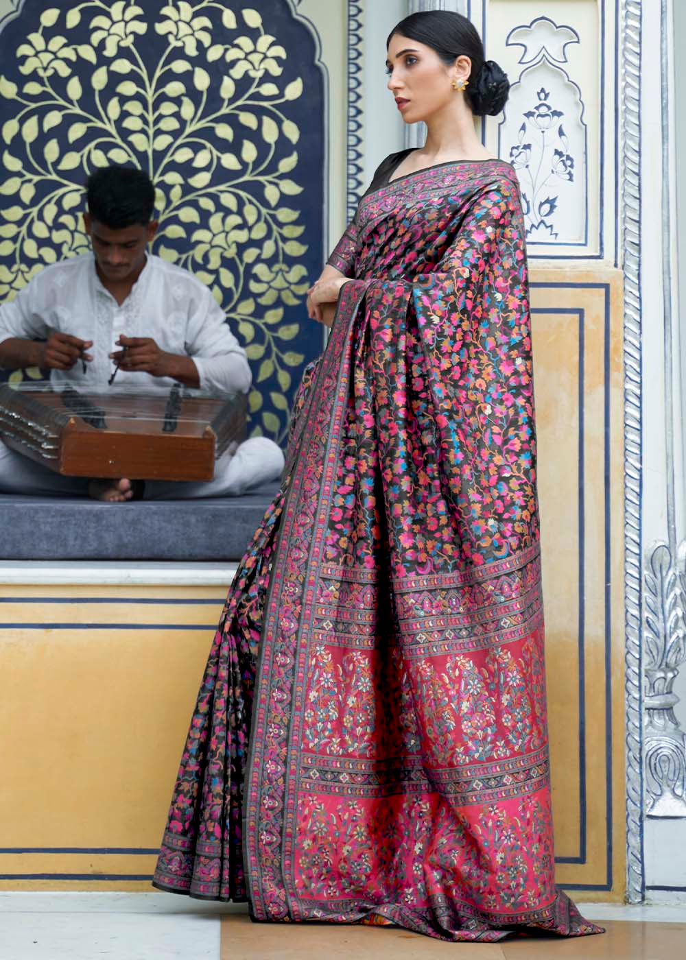 Midnight Black Banarasi Jamawar Woven Silk Saree - qivii