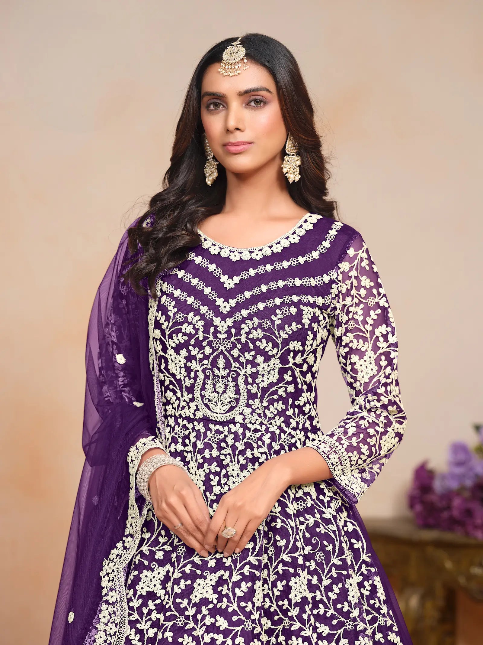 Purple Net Gown With Sequence & Thread Embroidery Work - qivii