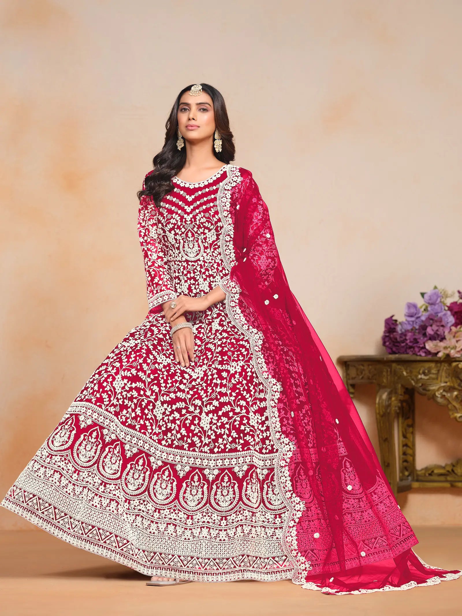 Dark Red Net Gown With Sequence & Thread Embroidery Work