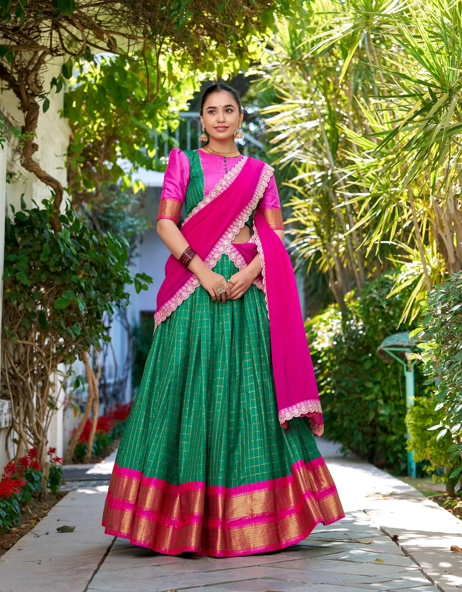 Green Zari Chex With Zari Weaving Work Lehenga Choli | Ready To Wear - qivii
