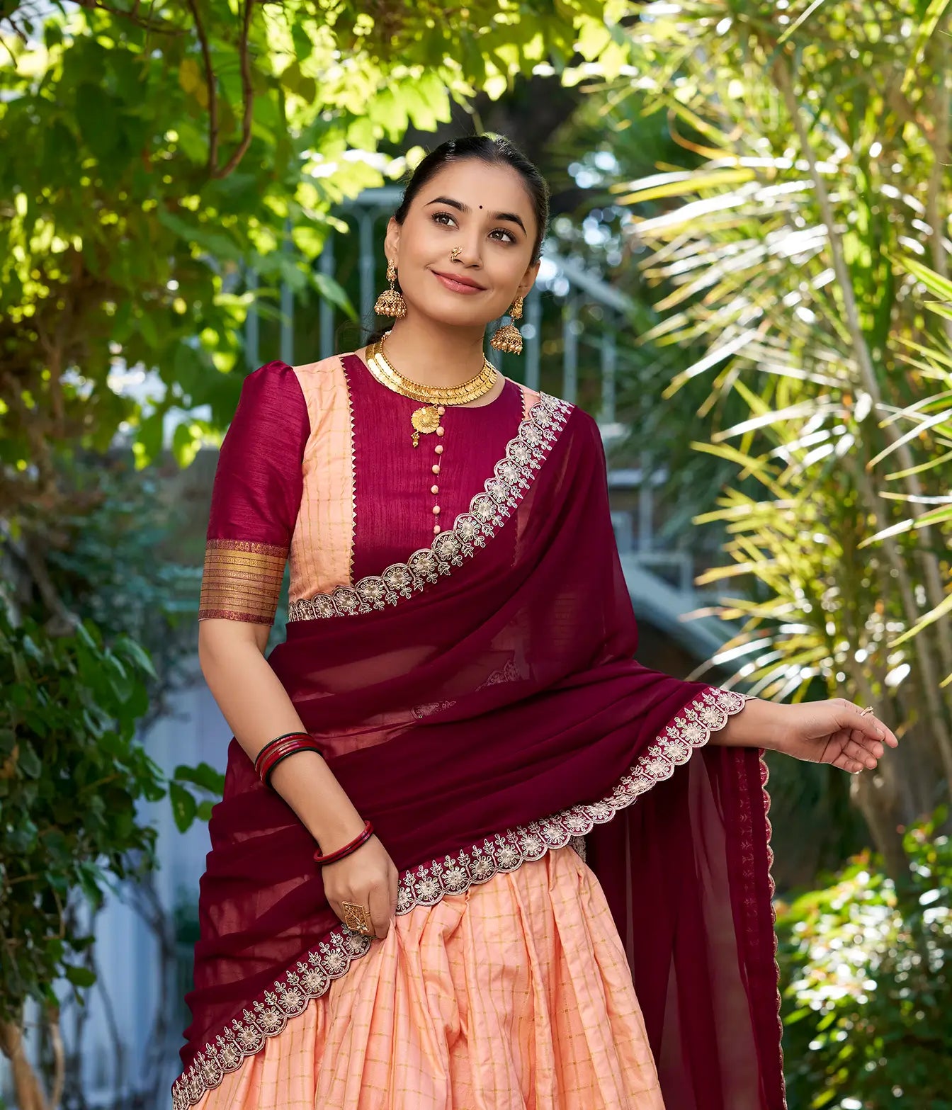 Peach Zari Chex With Zari Weaving Work Lehenga Choli | Ready To Wear - qivii