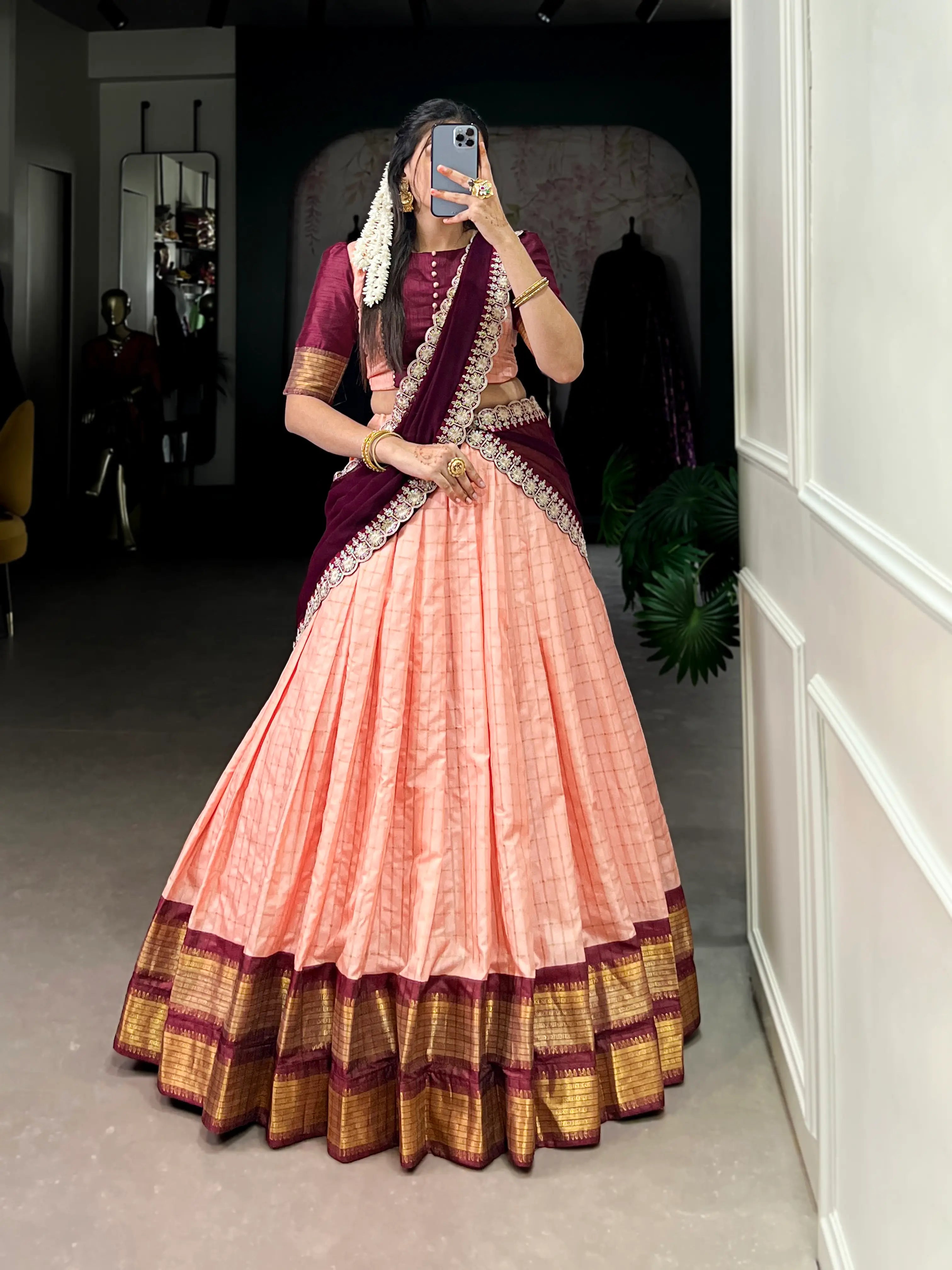 Peach Zari Chex With Zari Weaving Work Lehenga Choli | Ready To Wear - qivii