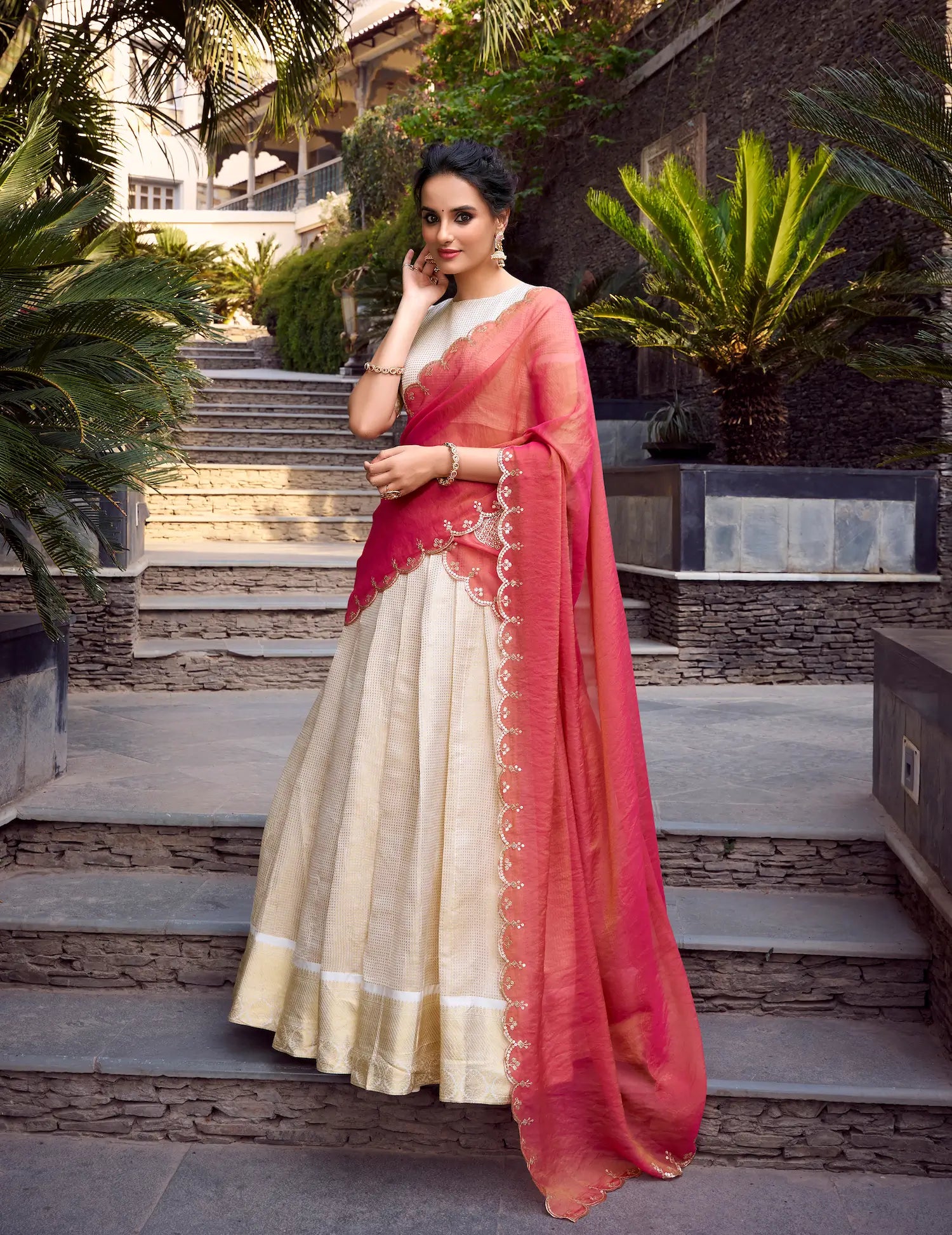 Beige Jacquard Chex Lehenga Choli With Zari Weaving Work & Sequins Embroidery - qivii