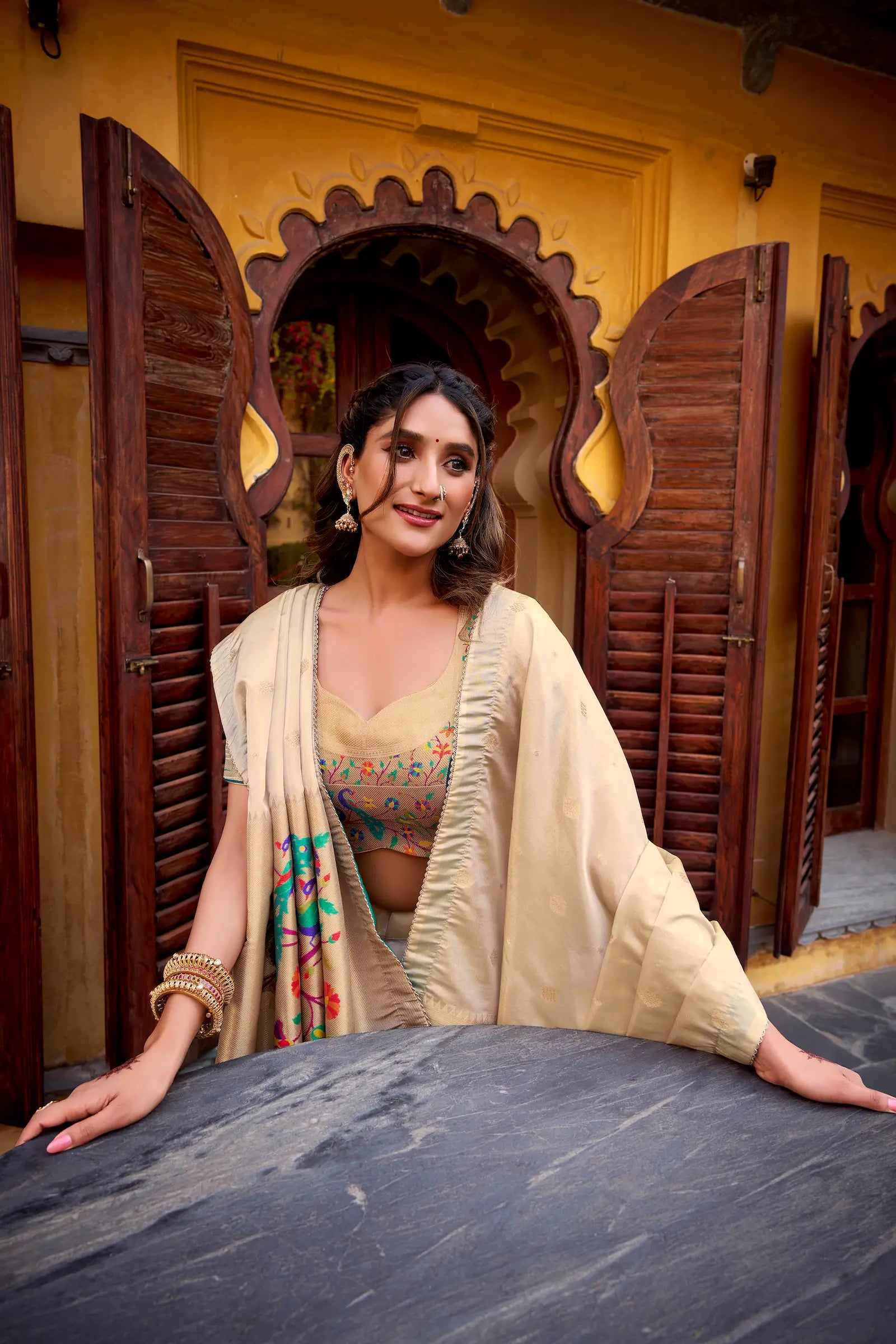 Beige-Teal Shimmer Paithani Lehenga Choli