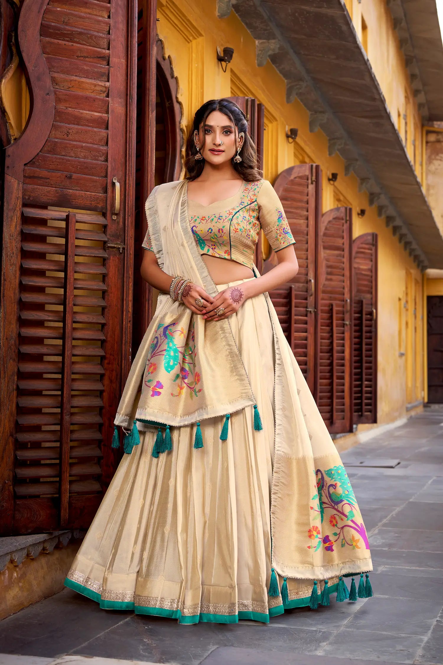 Beige-Teal Shimmer Paithani Lehenga Choli