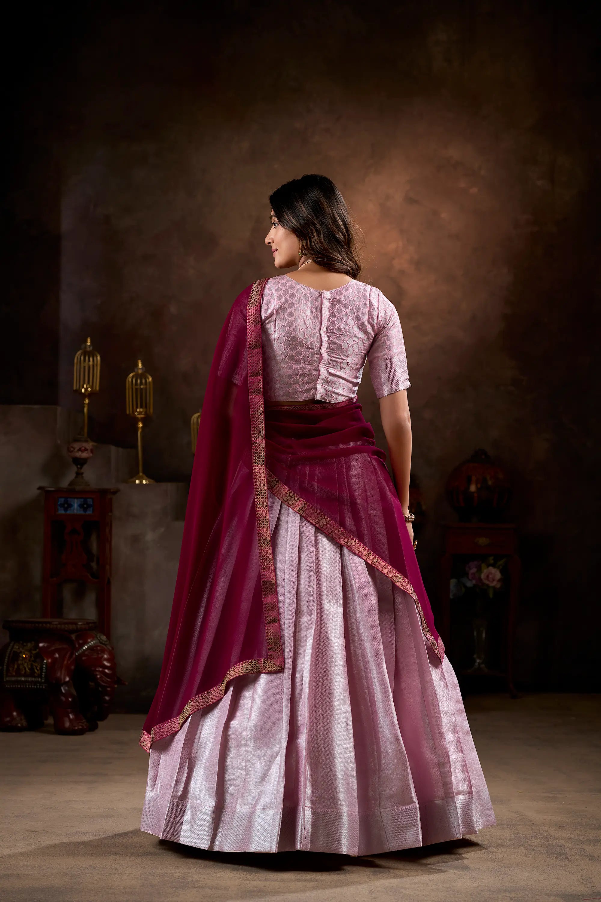 Light Pink Jacquard Silk Lehenga Choli With Weaving Work | Ready To Wear - qivii
