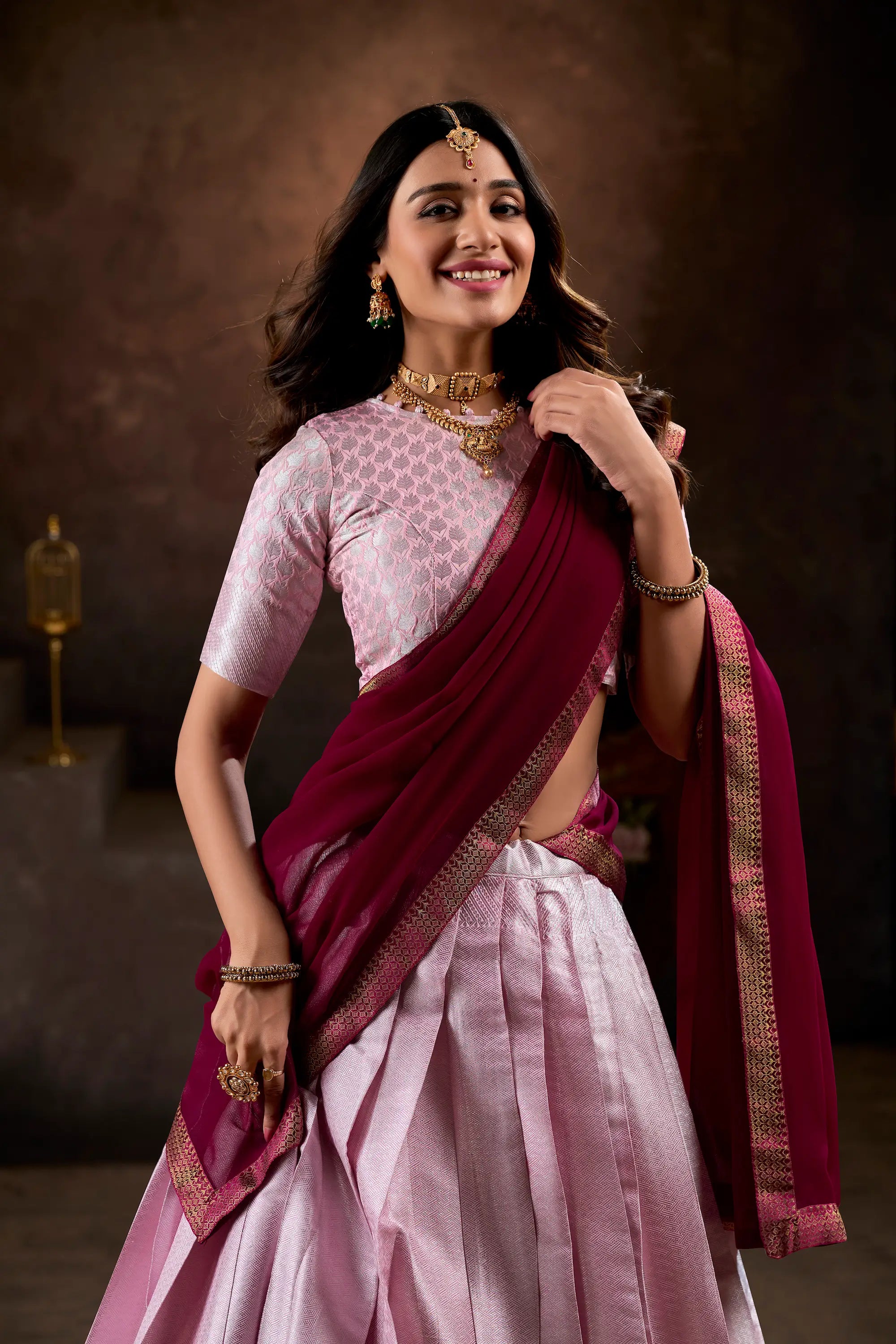 Light Pink Jacquard Silk Lehenga Choli With Weaving Work | Ready To Wear - qivii