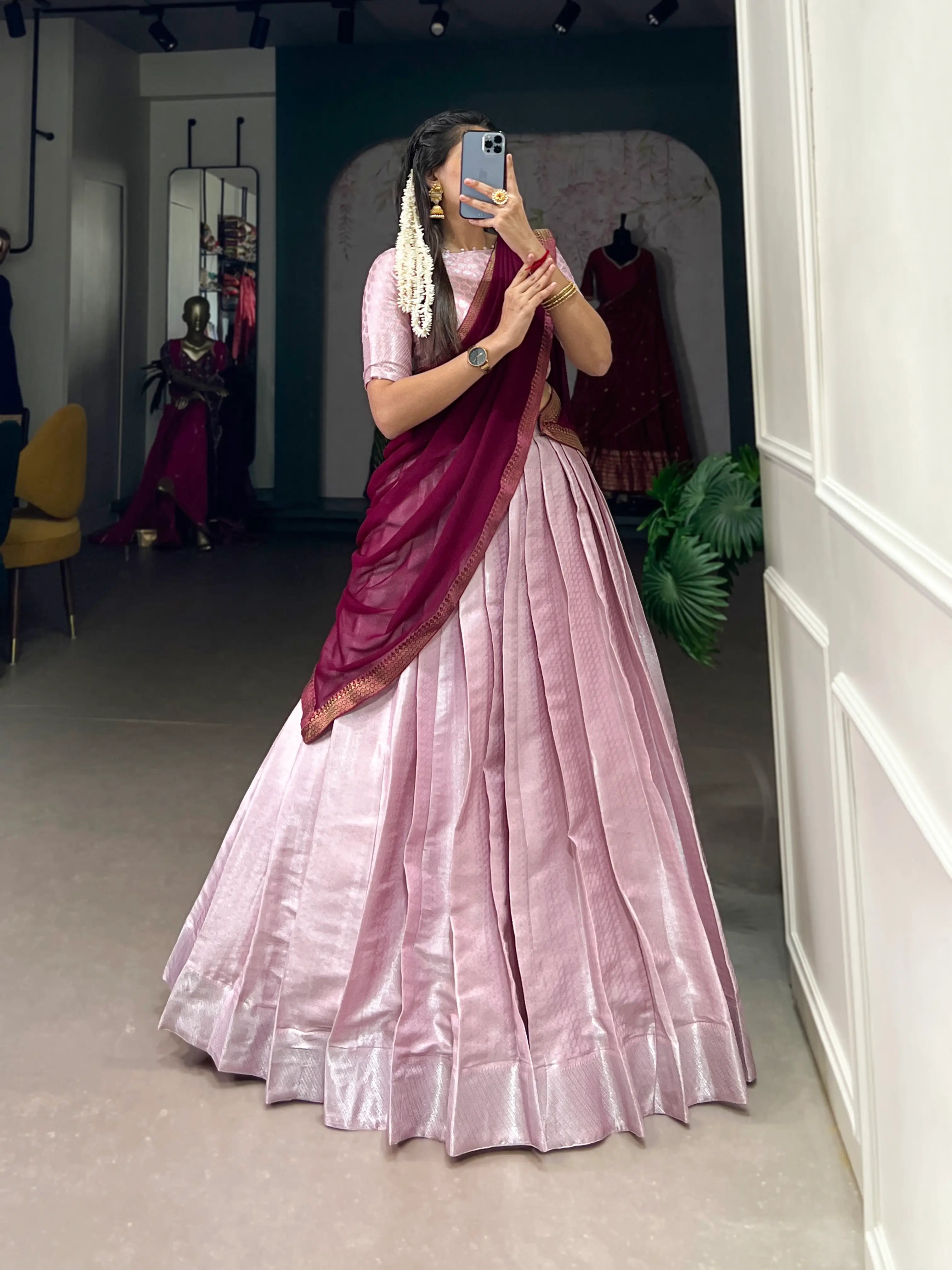 Light Pink Jacquard Silk Lehenga Choli With Weaving Work | Ready To Wear - qivii