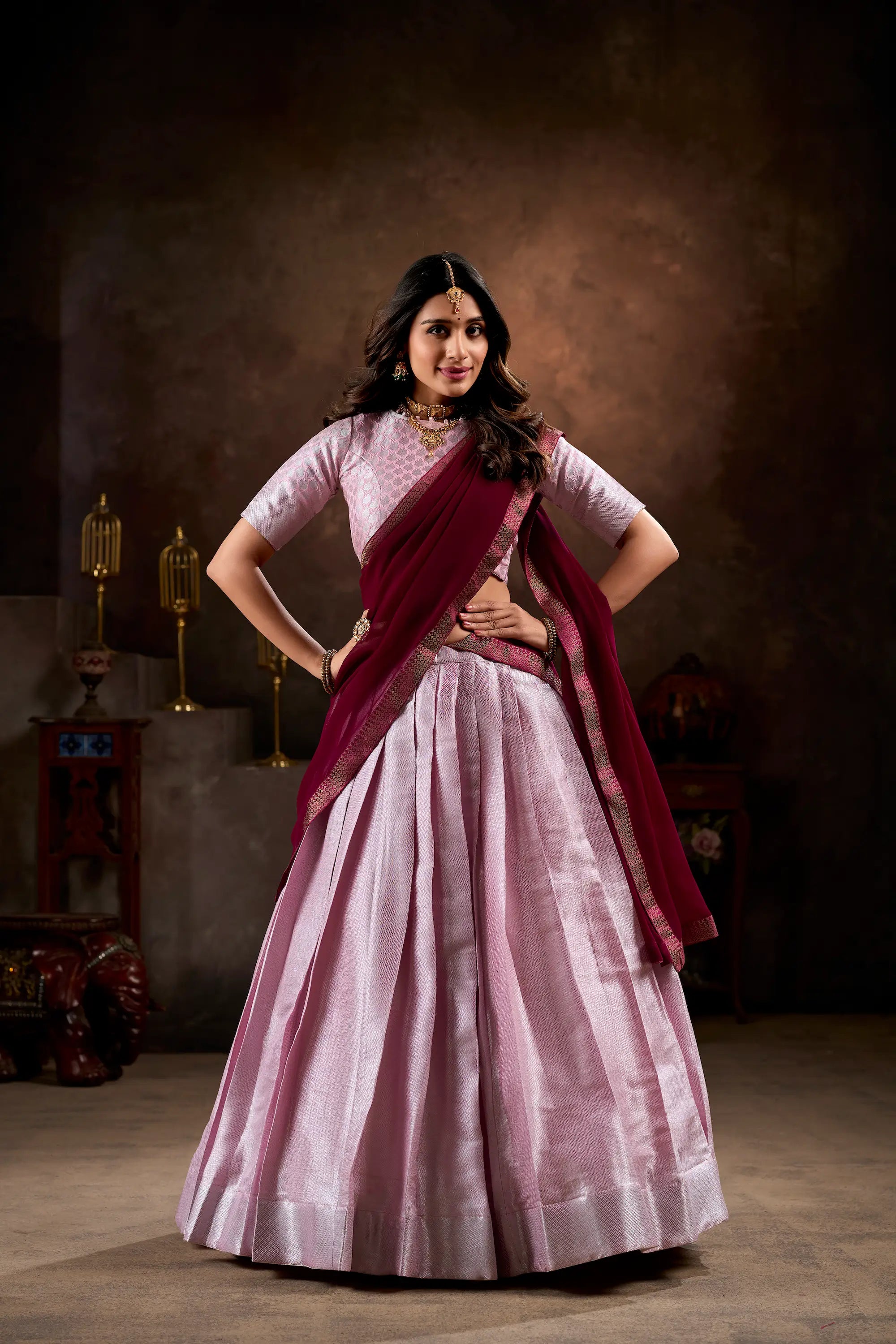 Light Pink Jacquard Silk Lehenga Choli With Weaving Work | Ready To Wear - qivii