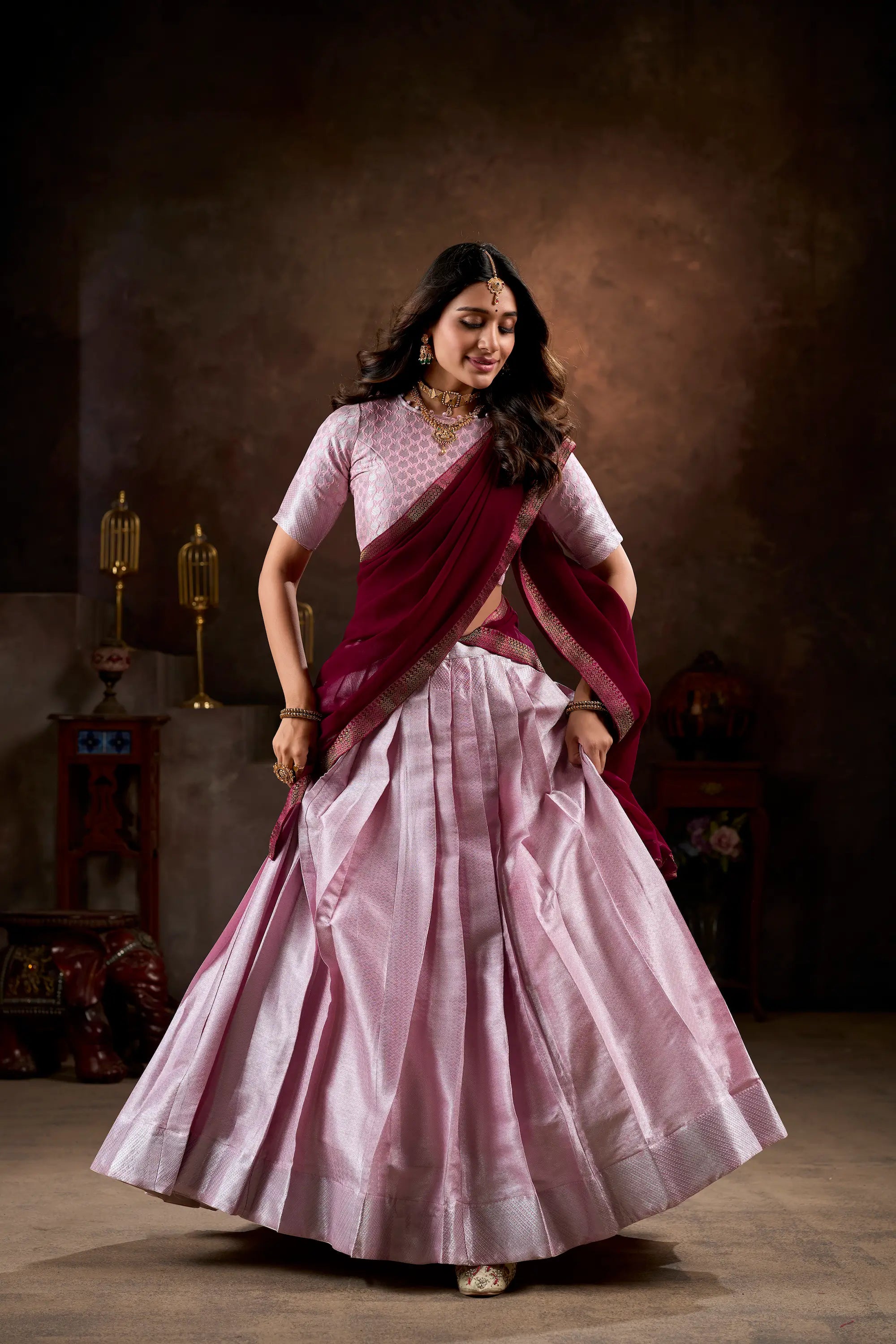 Light Pink Jacquard Silk Lehenga Choli With Weaving Work | Ready To Wear - qivii