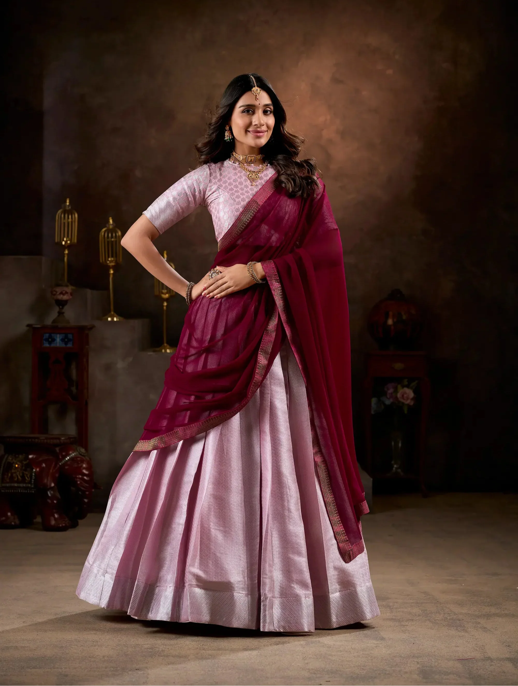 Light Pink Jacquard Silk Lehenga Choli With Weaving Work | Ready To Wear - qivii