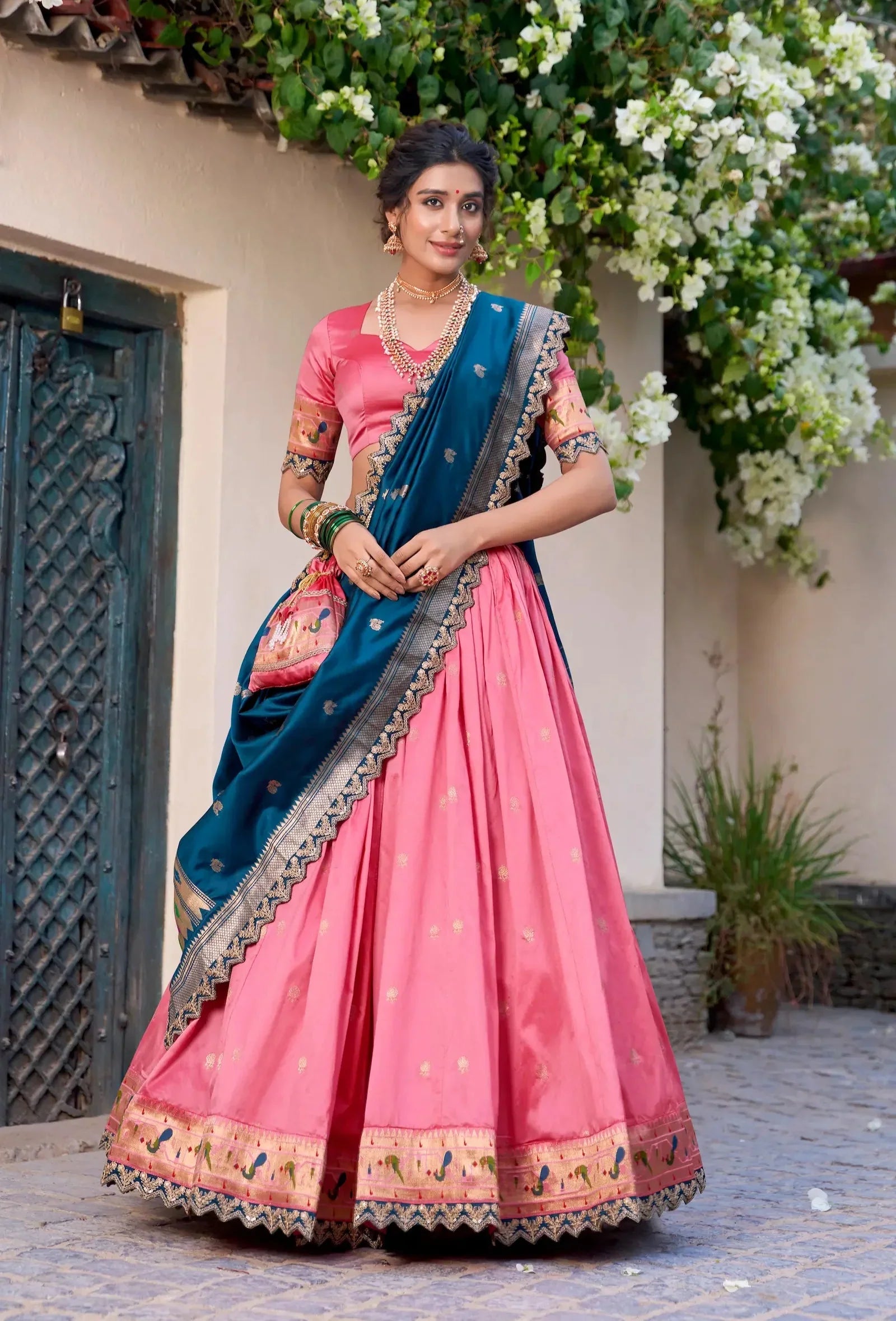 Light Pink Jacquard Silk Paithani Lehenga Choli With Zari Weaving Work & Embroidery Lace Border - qivii