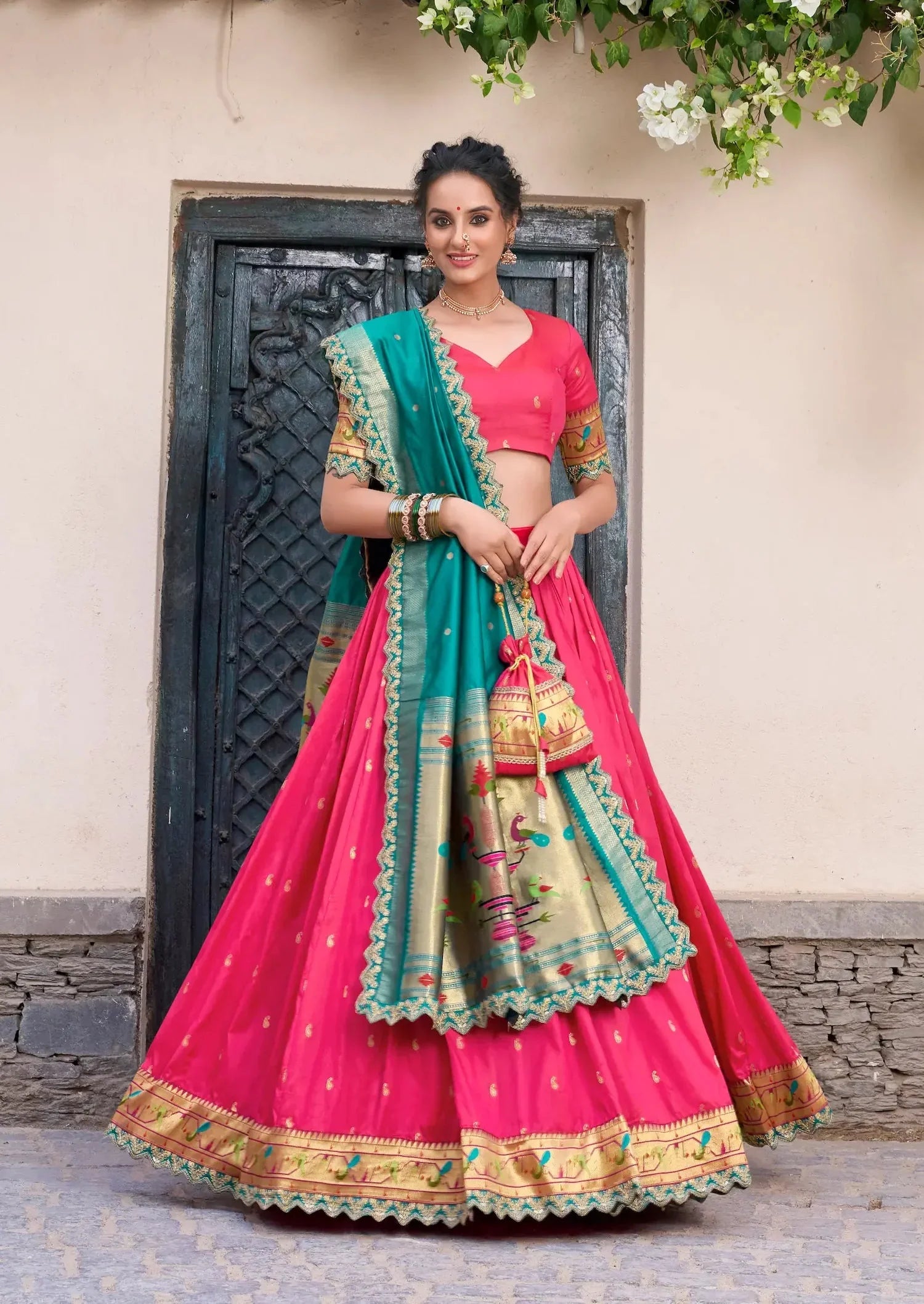 Dark Pink Jacquard Silk Paithani Lehenga Choli With Zari Weaving Work & Embroidery Lace Border - qivii