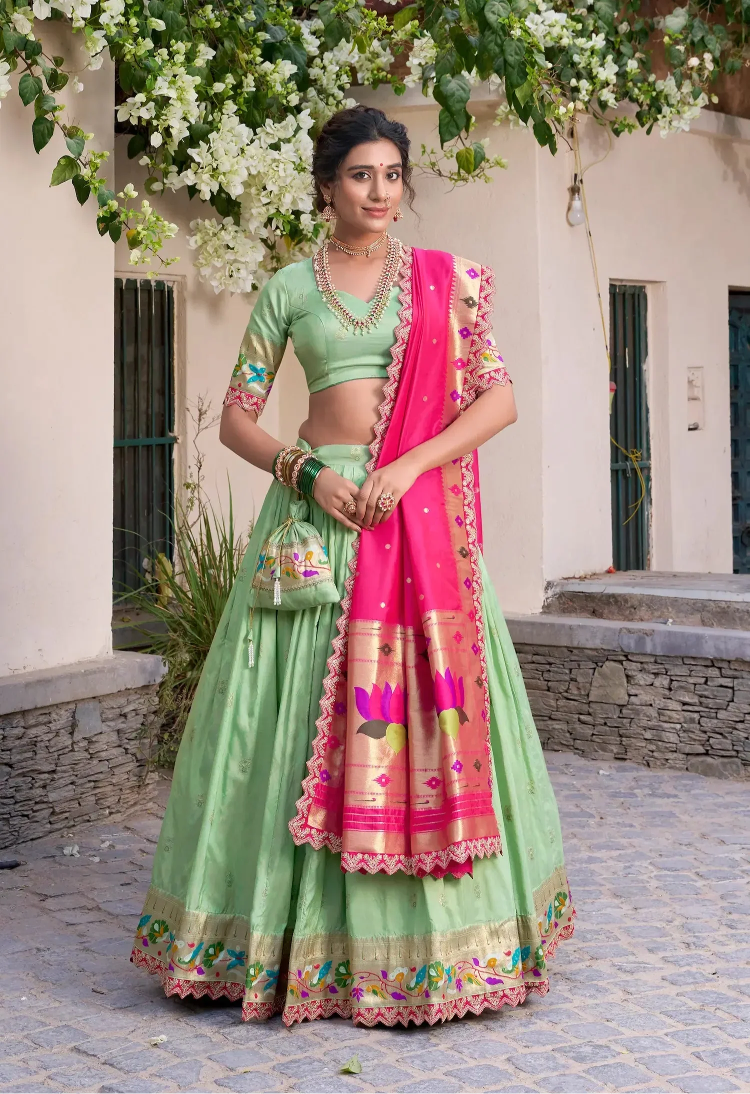 Pista Green Jacquard Silk Paithani Lehenga Choli With Zari Weaving Work & Embroidery Lace Border - qivii