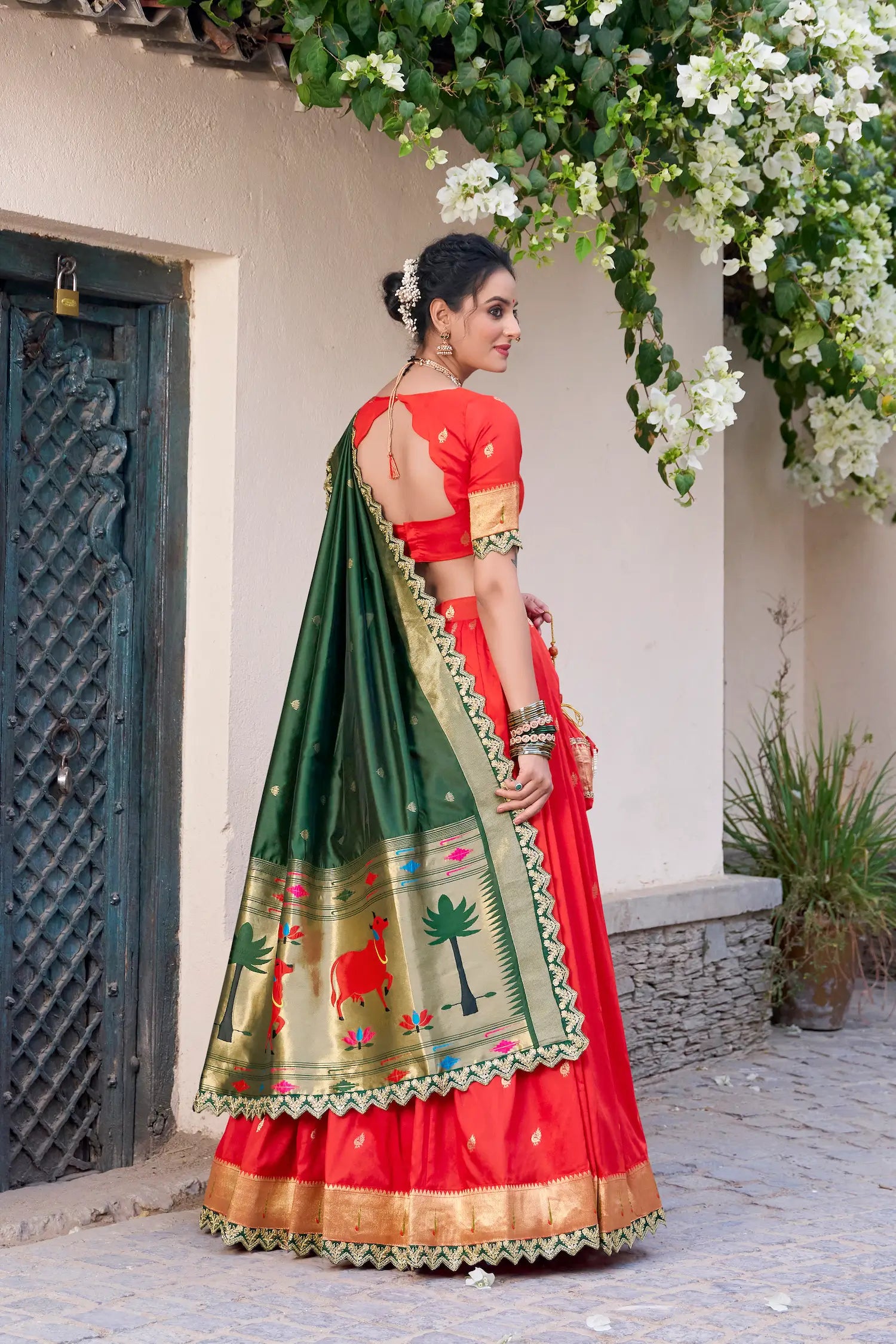 Bright Red Jacquard Silk Paithani Lehenga Choli With Zari Weaving Work & Embroidery Lace Border - qivii