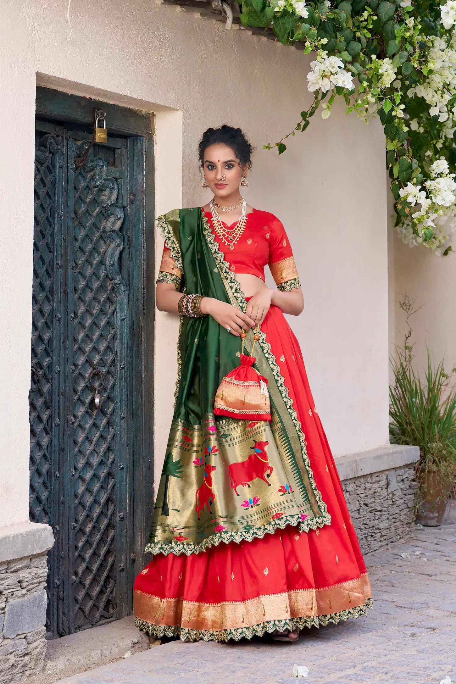 Bright Red Jacquard Silk Paithani Lehenga Choli With Zari Weaving Work & Embroidery Lace Border - qivii