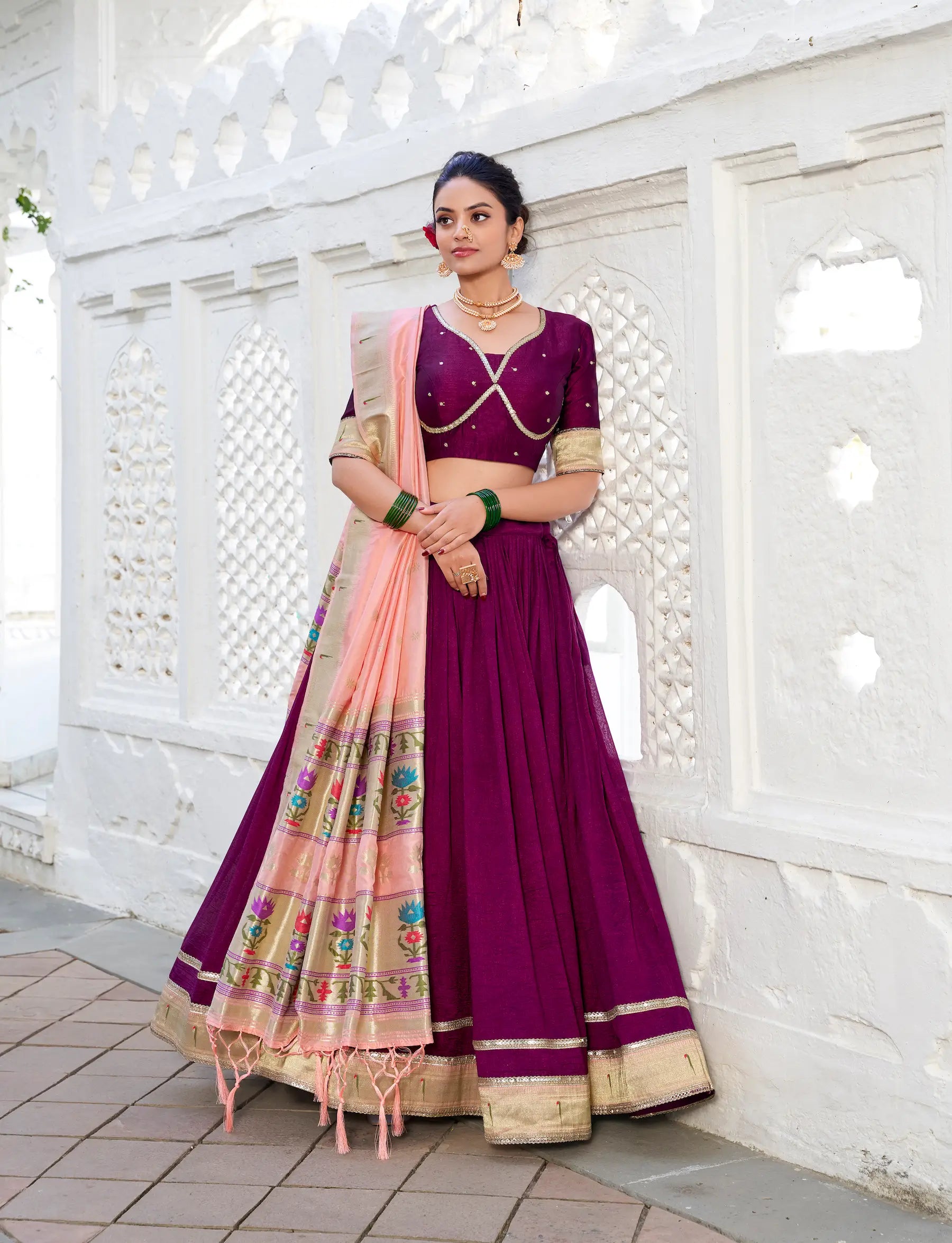 Wine Vichitra Silk Paithani Lehenga Choli With Zari Weaving Work - qivii