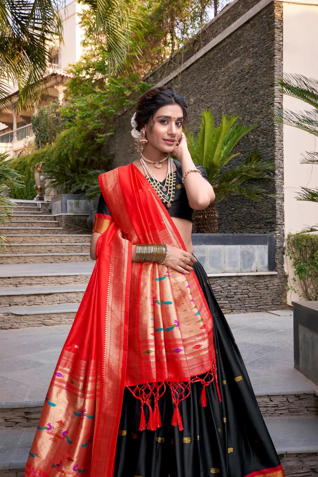 Black Jacquard Silk Paithani Lehenga Choli With Zari Weaving Work - qivii