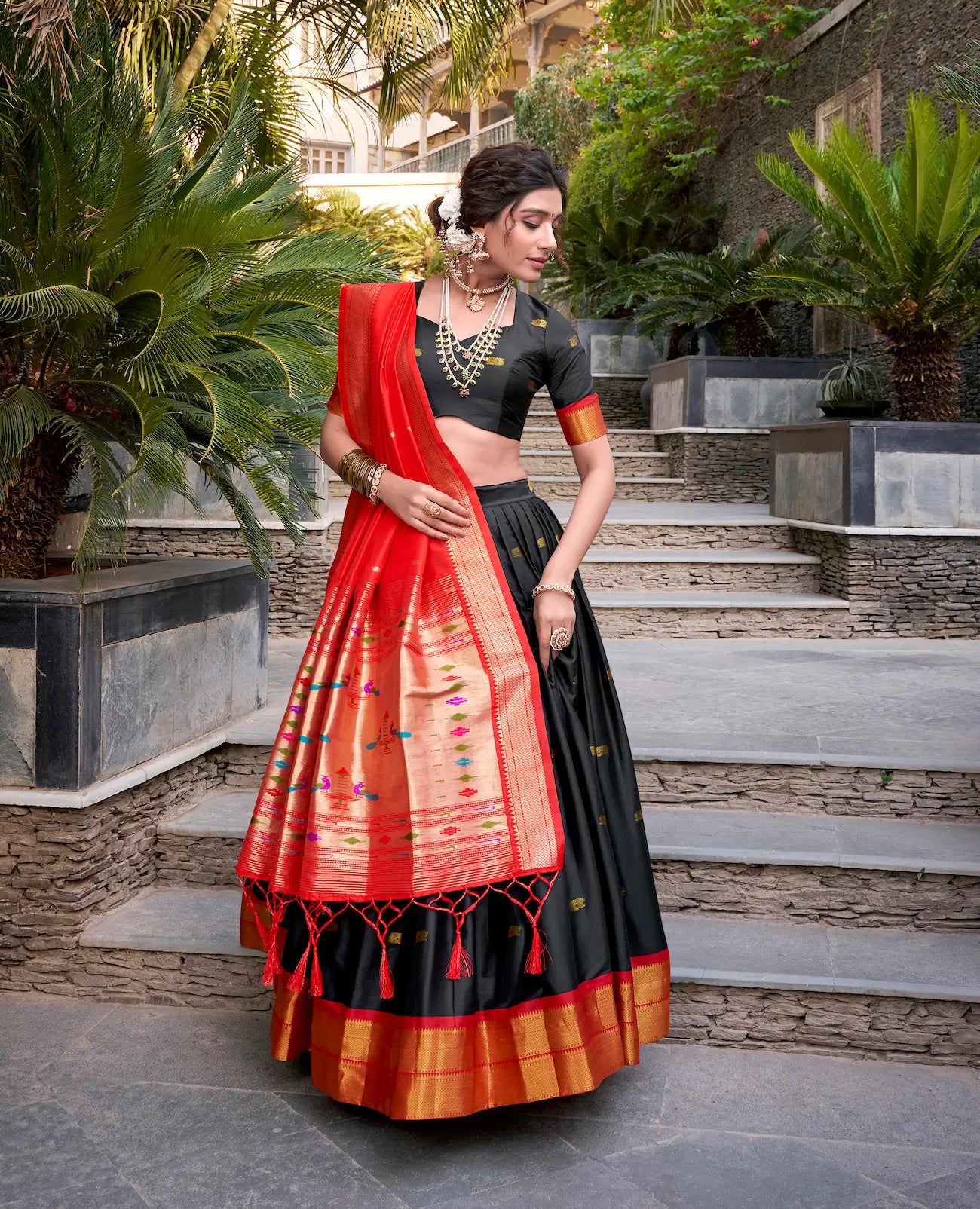Black Jacquard Silk Paithani Lehenga Choli With Zari Weaving Work - qivii