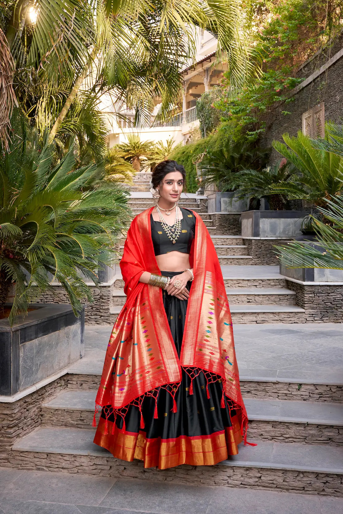 Black Jacquard Silk Paithani Lehenga Choli With Zari Weaving Work - qivii