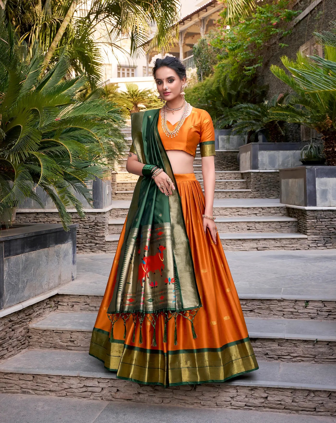 Orange Jacquard Silk Paithani Lehenga Choli With Zari Weaving Work - qivii