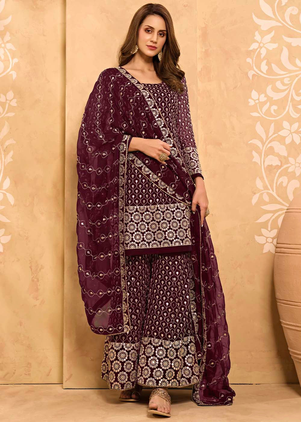 Sangria Purple Georgette Metti with Zari work Sharara Suit - qivii