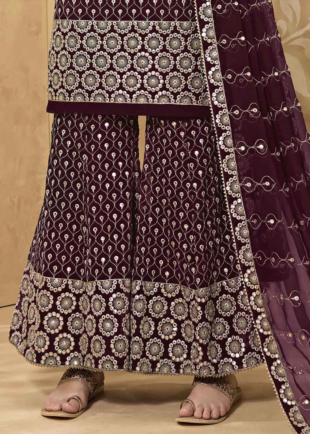 Sangria Purple Georgette Metti with Zari work Sharara Suit - qivii