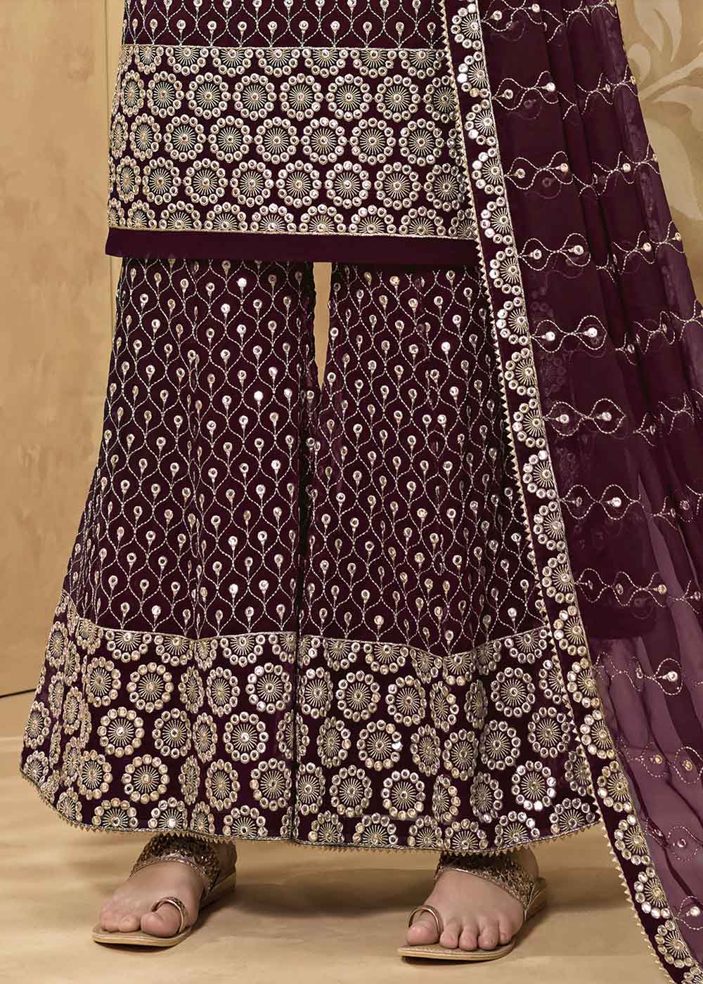Sangria Purple Georgette Metti with Zari work Sharara Suit By Qivii