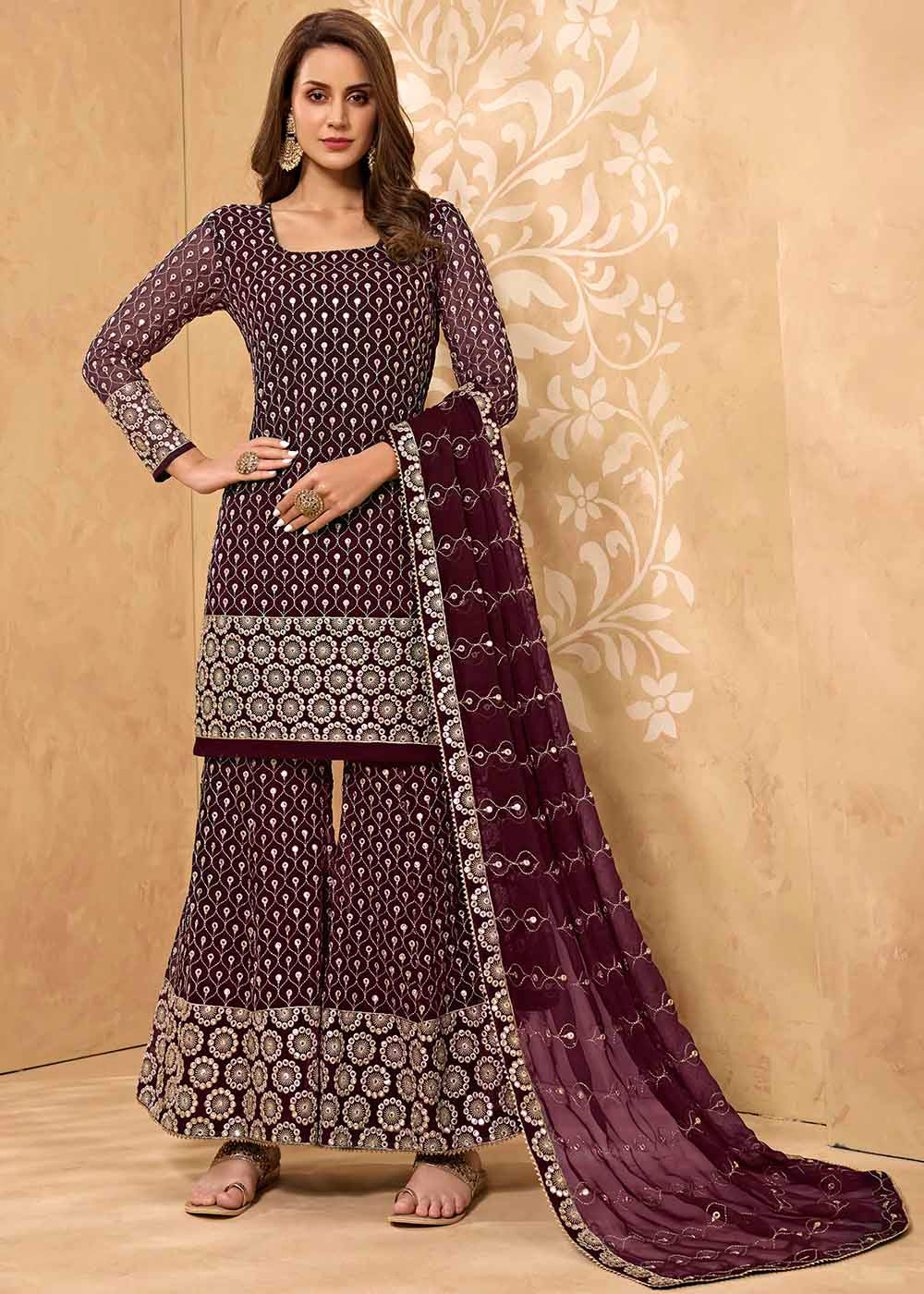 Sangria Purple Georgette Metti with Zari work Sharara Suit - qivii