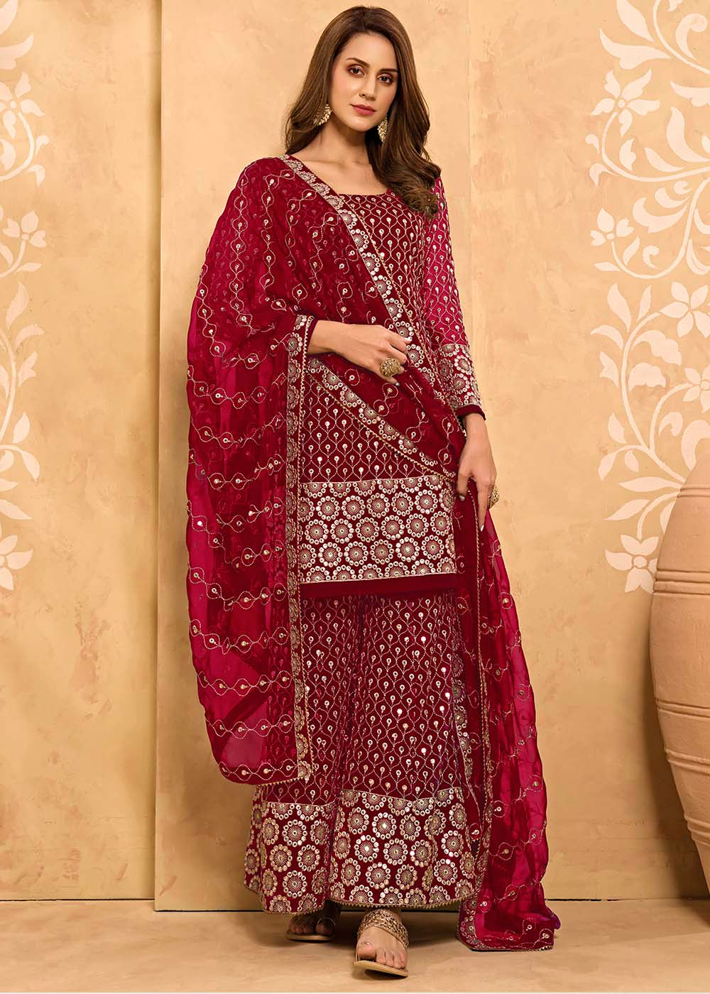 Cerise Pink Georgette Metti with Zari work Sharara Suit - qivii