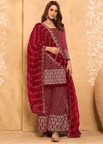 Cerise Pink Georgette Metti with Zari work Sharara Suit By Qivii