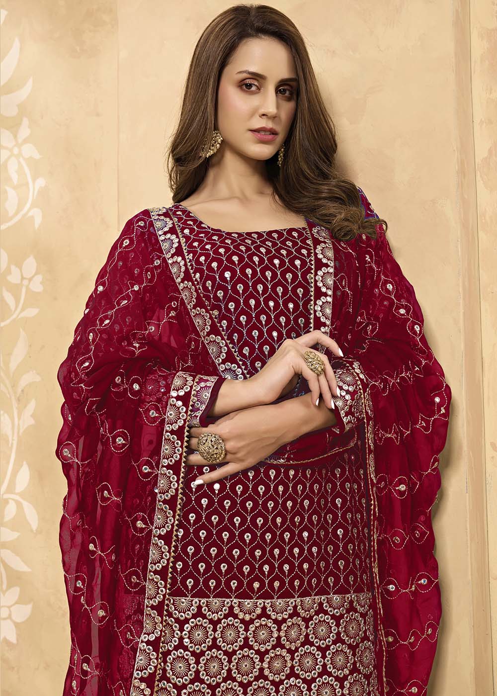 Cerise Pink Georgette Metti with Zari work Sharara Suit - qivii