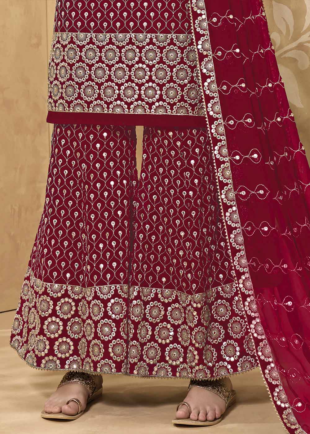 Cerise Pink Georgette Metti with Zari work Sharara Suit - qivii