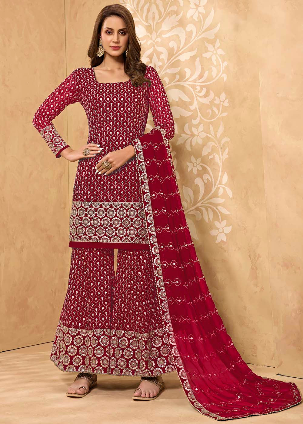 Cerise Pink Georgette Metti with Zari work Sharara Suit - qivii