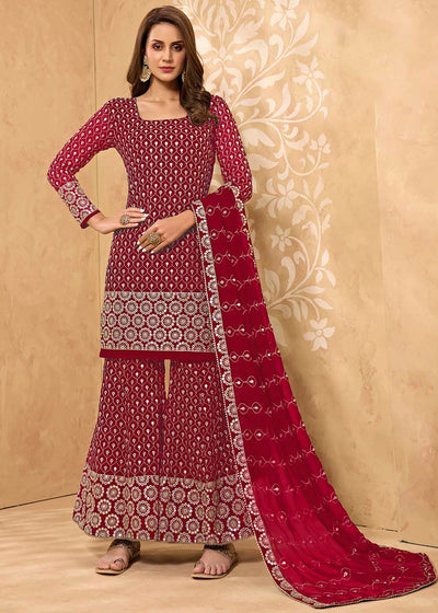 Cerise Pink Georgette Metti with Zari work Sharara Suit By Qivii