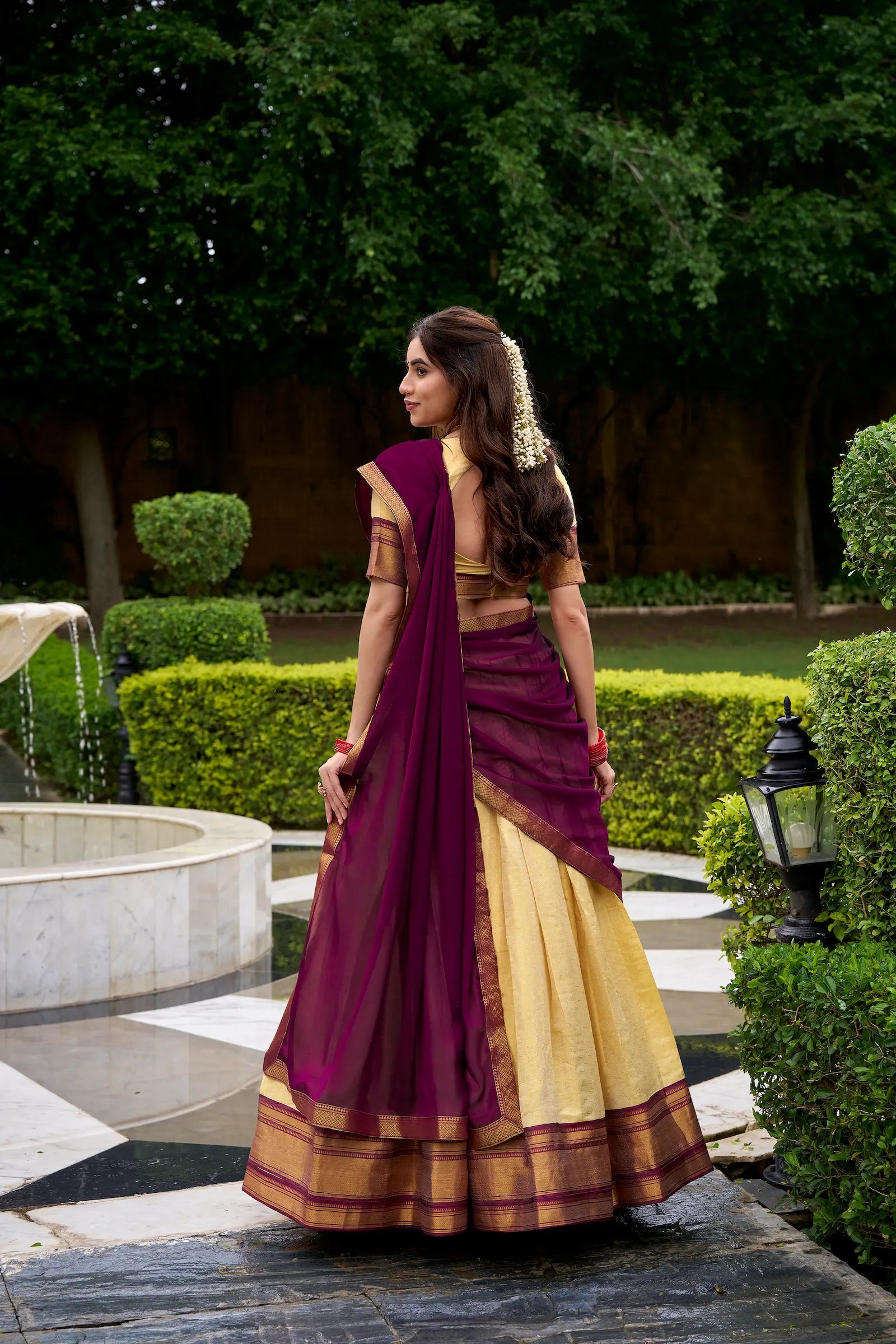 Beige-Wine Zari Weaving Kanchipuram Lehenga Choli - qivii