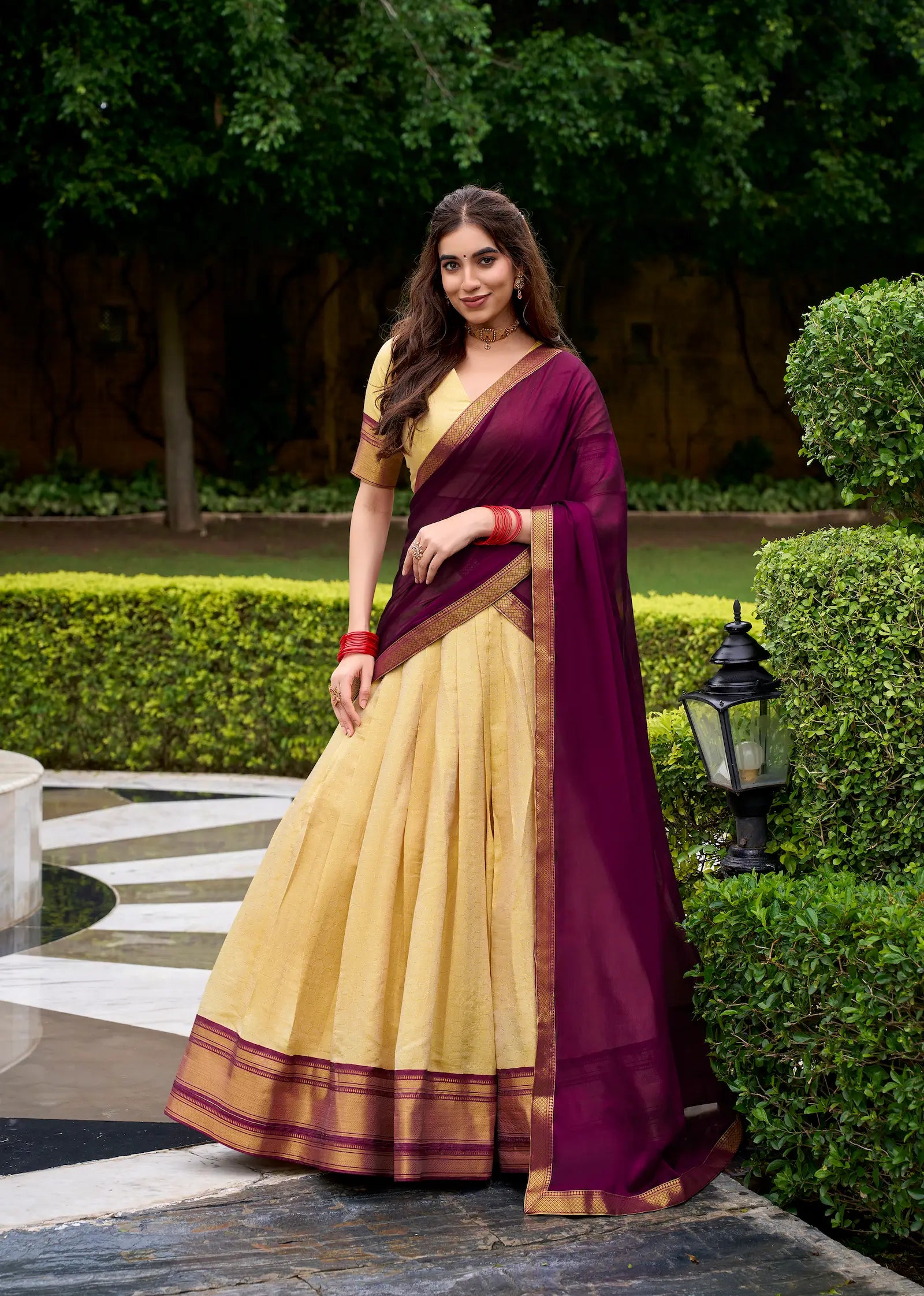 Beige-Wine Zari Weaving Kanchipuram Lehenga Choli - qivii