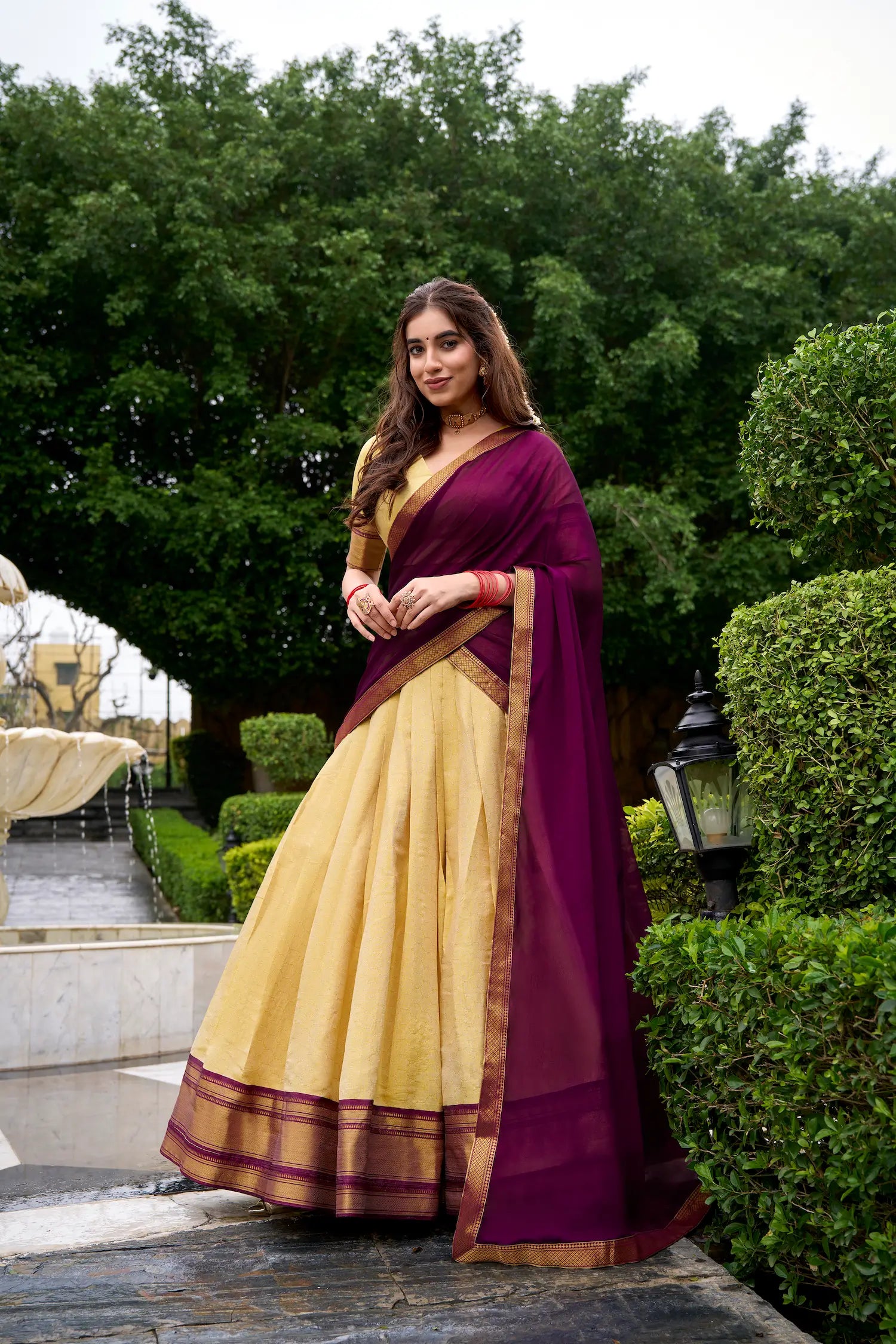 Beige-Wine Zari Weaving Kanchipuram Lehenga Choli - qivii