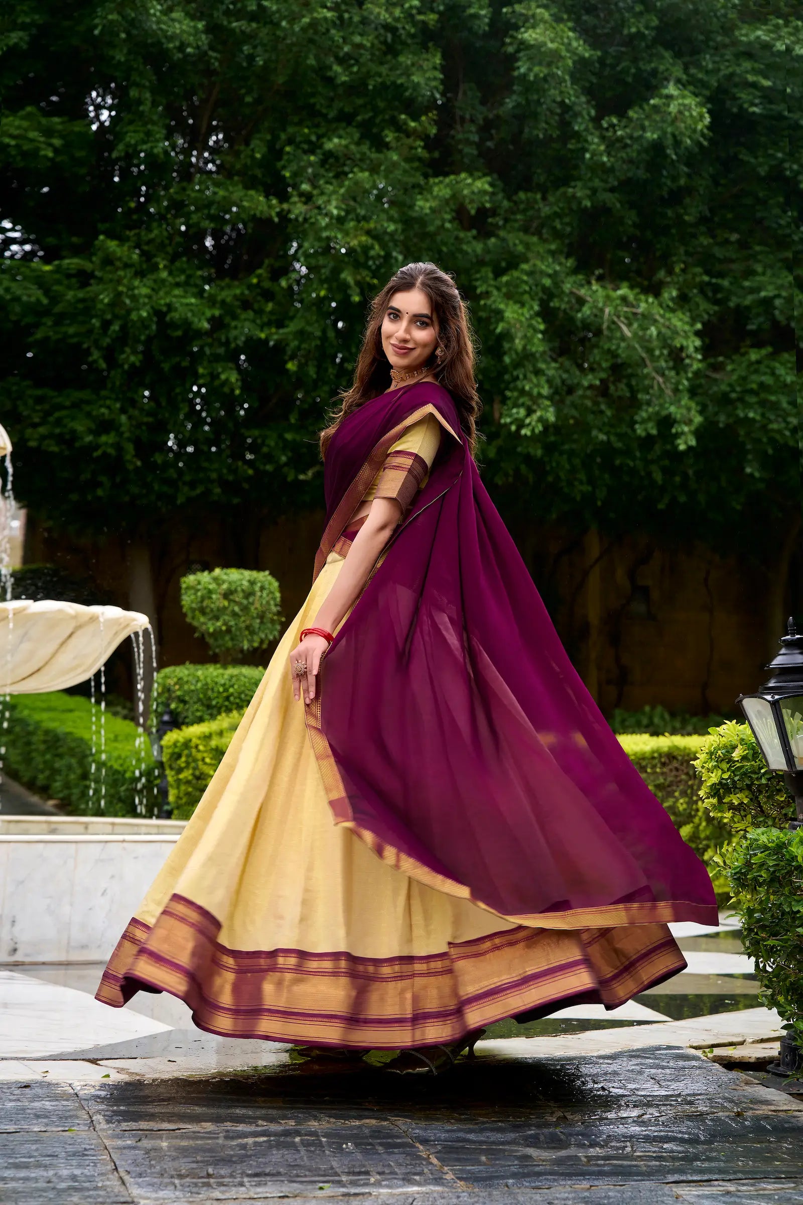 Beige-Wine Zari Weaving Kanchipuram Lehenga Choli - qivii