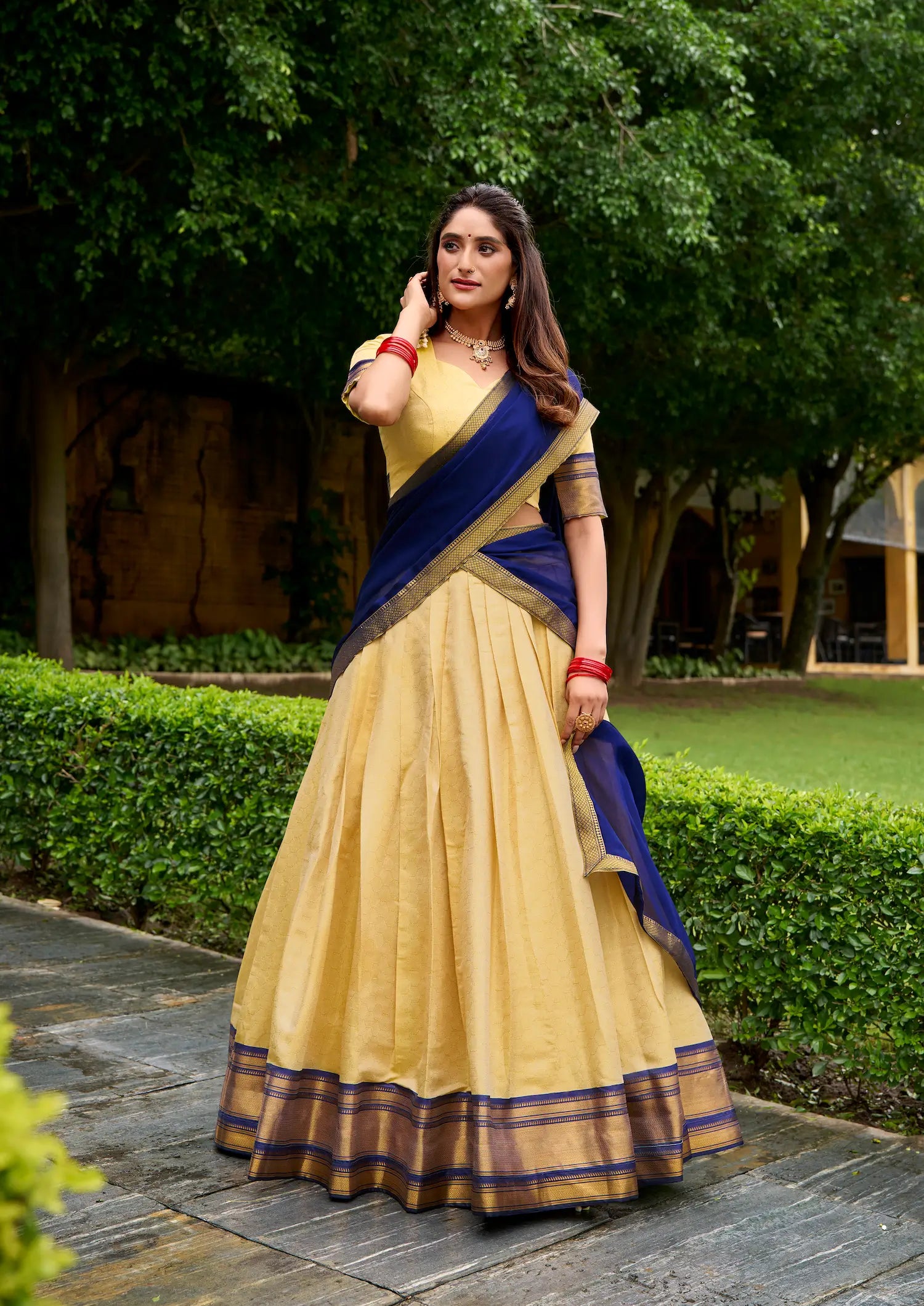 Beige-Navy Blue Zari Weaving Kanchipuram Lehenga Choli - qivii