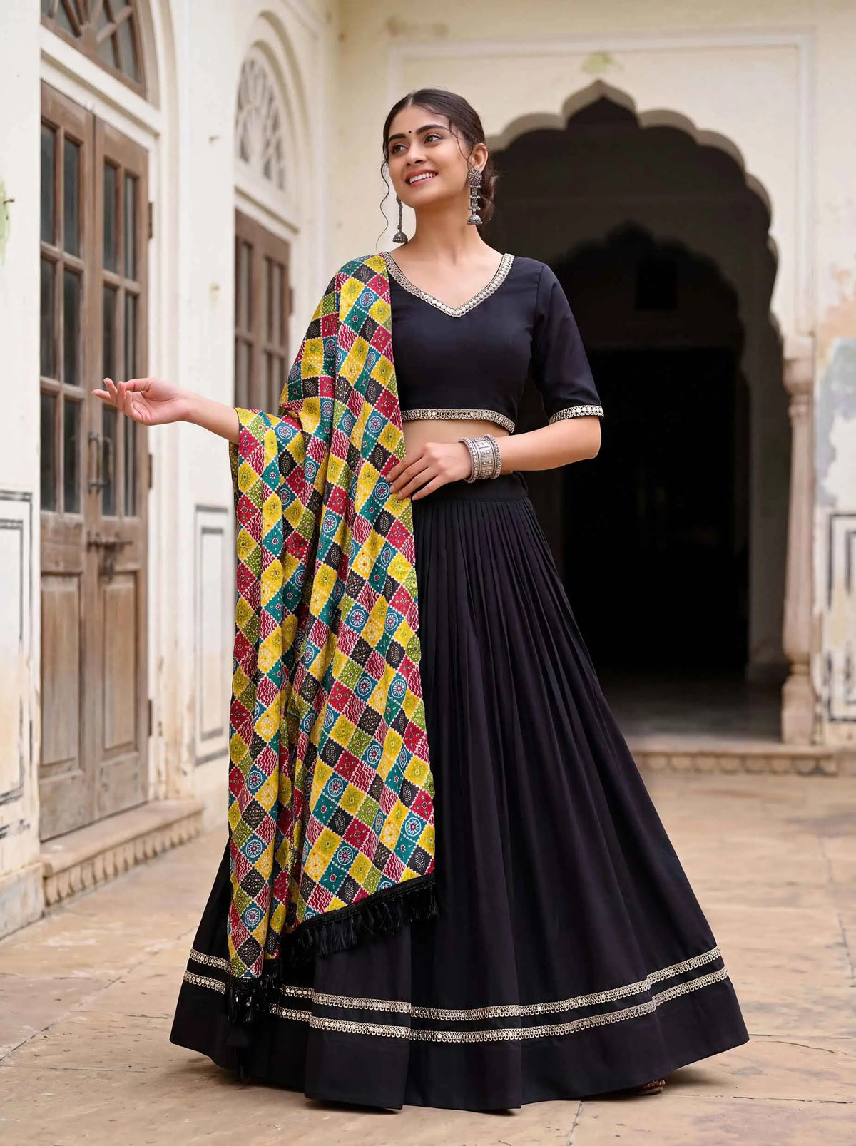 6 Meter Flair | Black Mirror Work Navratri Lehenga Choli