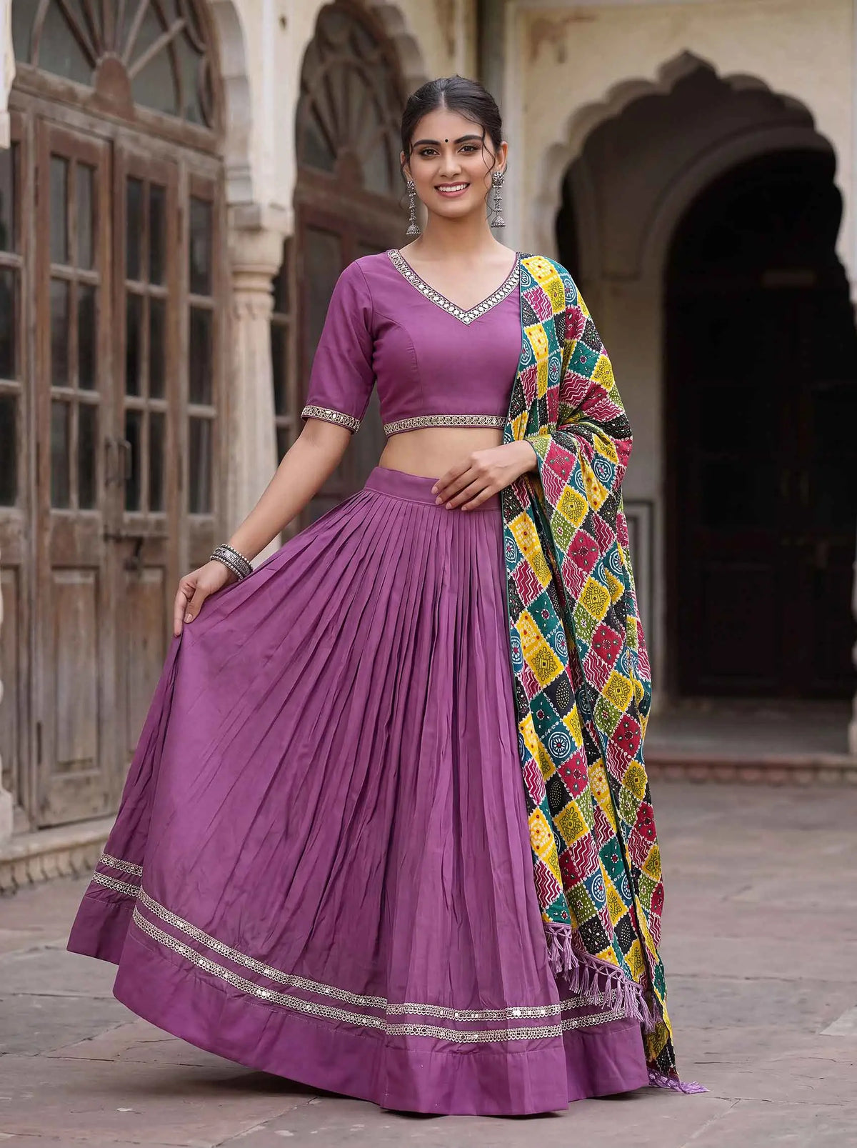 6 Meter Flair | Mauve Mirror Work Navratri Lehenga Choli