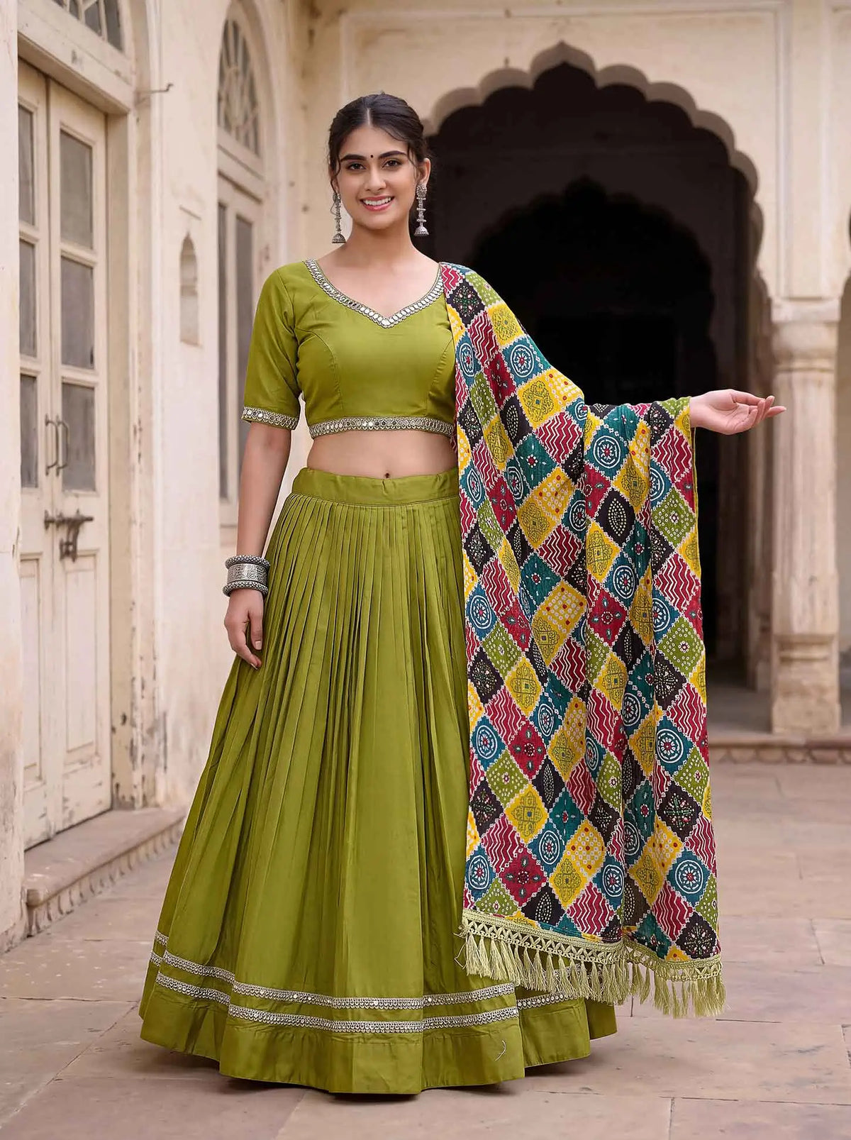 6 Meter Flair | Parrot Green Mirror Work Navratri Lehenga Choli