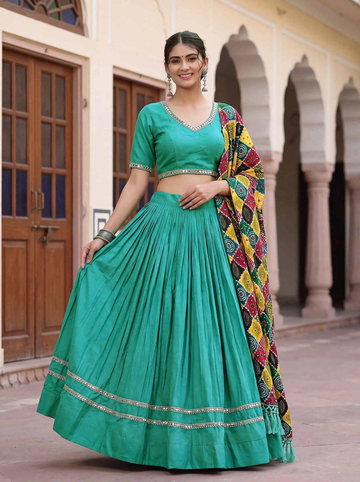 6 Meter Flair | Sea Green Mirror Work Navratri Lehenga Choli