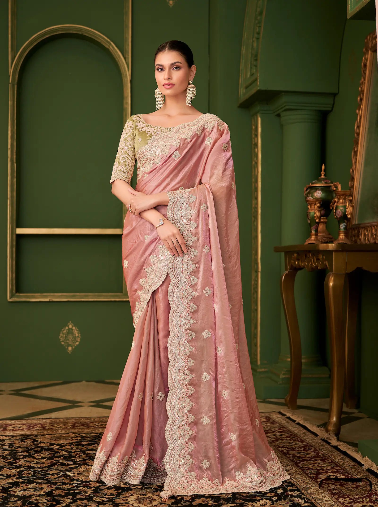 Peach Pink Satin georgette Heavy Embroidery Saree