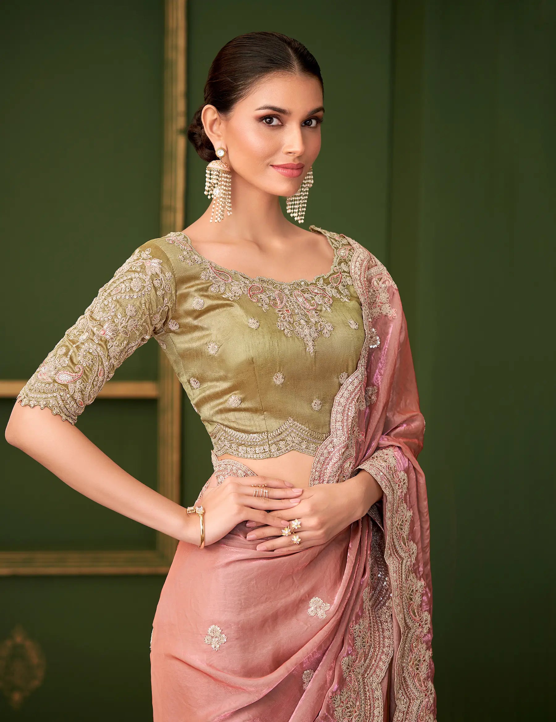 Peach Pink Satin georgette Heavy Embroidery Saree