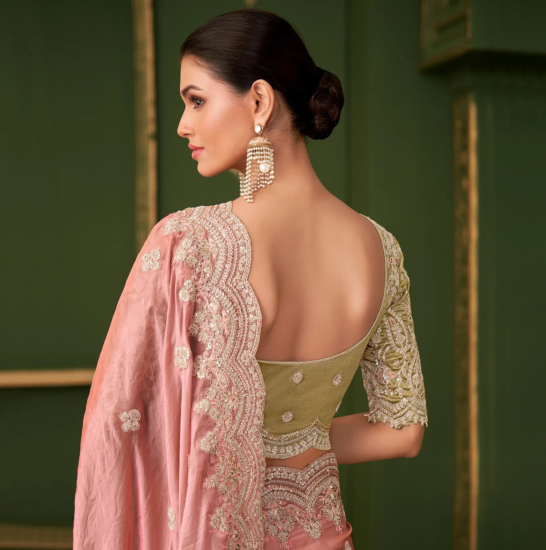 Peach Pink Satin georgette Heavy Embroidery Saree