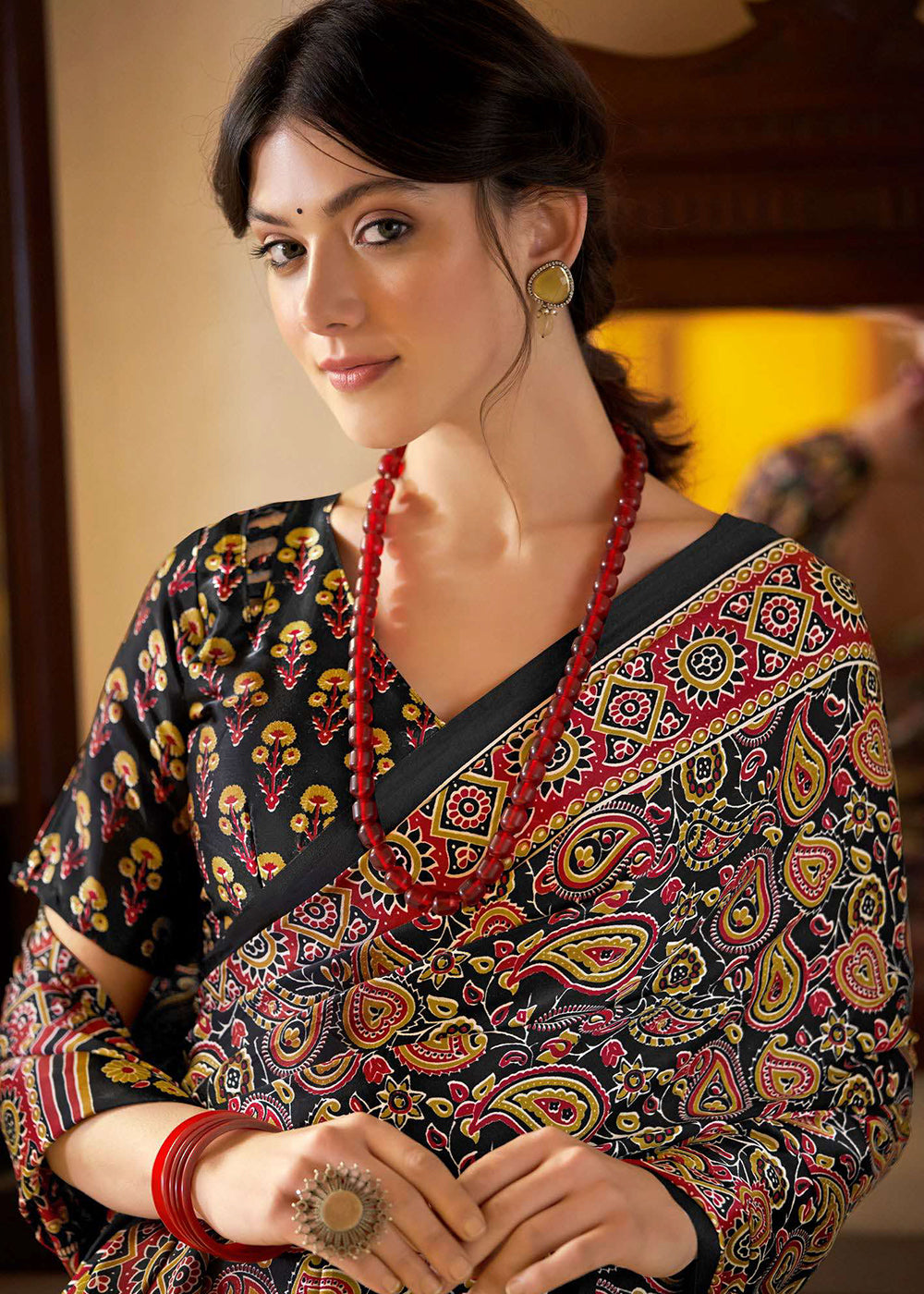 Sable Black Ajrakh Printed Satin Crepe Saree:Summer Collection - qivii